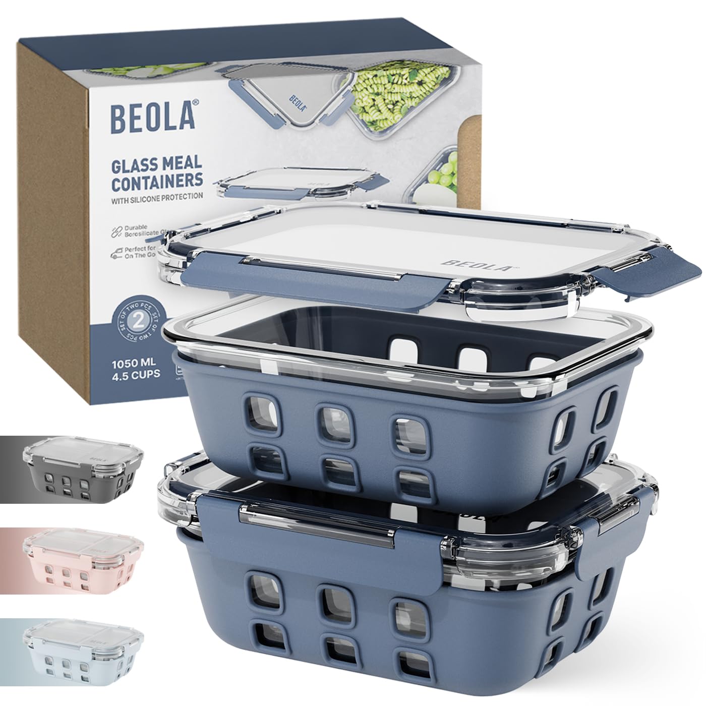 BEOLA Set of 2 Glass Food Storage Containers, Lunch Box, with Airtight Lids and Silicone Protection, Leakproof Food Organizer, Freezer, Dishwasher, Microwave Safe, Glass (1050ml,Marine Blue) 1050ml Marine Blue