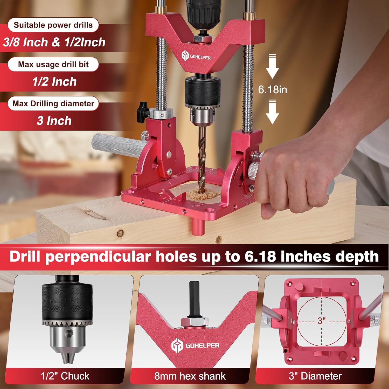 Portable Drill Guide for Straight Holes, Heavy-Duty 0° to 60° Angle Drilling Guide, Drill Press Adapter for Hand Drill, Precision Adjustable Drill Jig Attachment with 1/2" Chuck