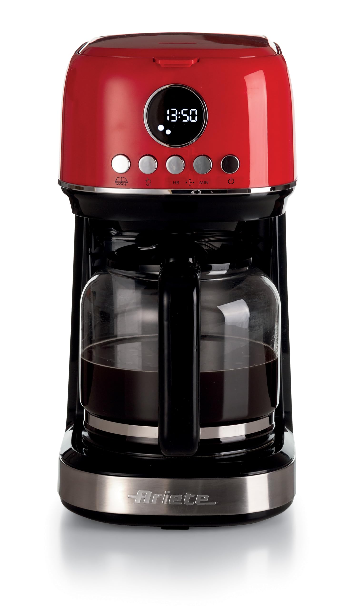 Ariete, Moderna 1396 Cafetière Filtre, Préparez Jusqu'à 15 Tasses de Café Américain, Carafe en Verre Trempé, Base Chauffante, Écran LCD, Filtres Amovibles et Lavables, Rouge
