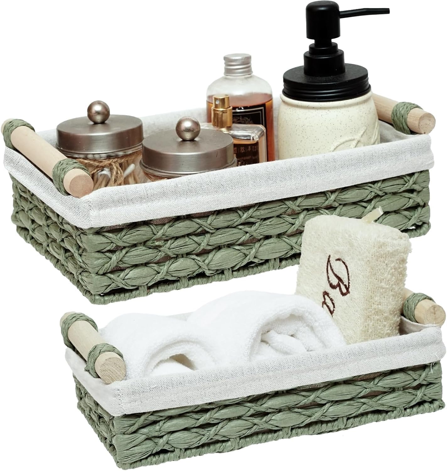 Set of 2 Green Bathroom Basket Organizers with Liner, Paper Rope Wicker Storage Baskets for Shelves, Bathroom Counter & Vanity, Wooden Handles for Towels & Toiletries