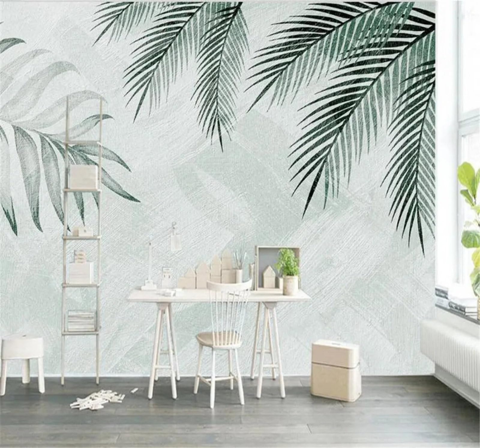 Tzxztt Minimalist Fresh Hand Drawn Green Leaves Modern 3D Wallpaper Premium Textured Silk Neutral Tones Material Ideal for Living Room Bedroom-350cm×256cm