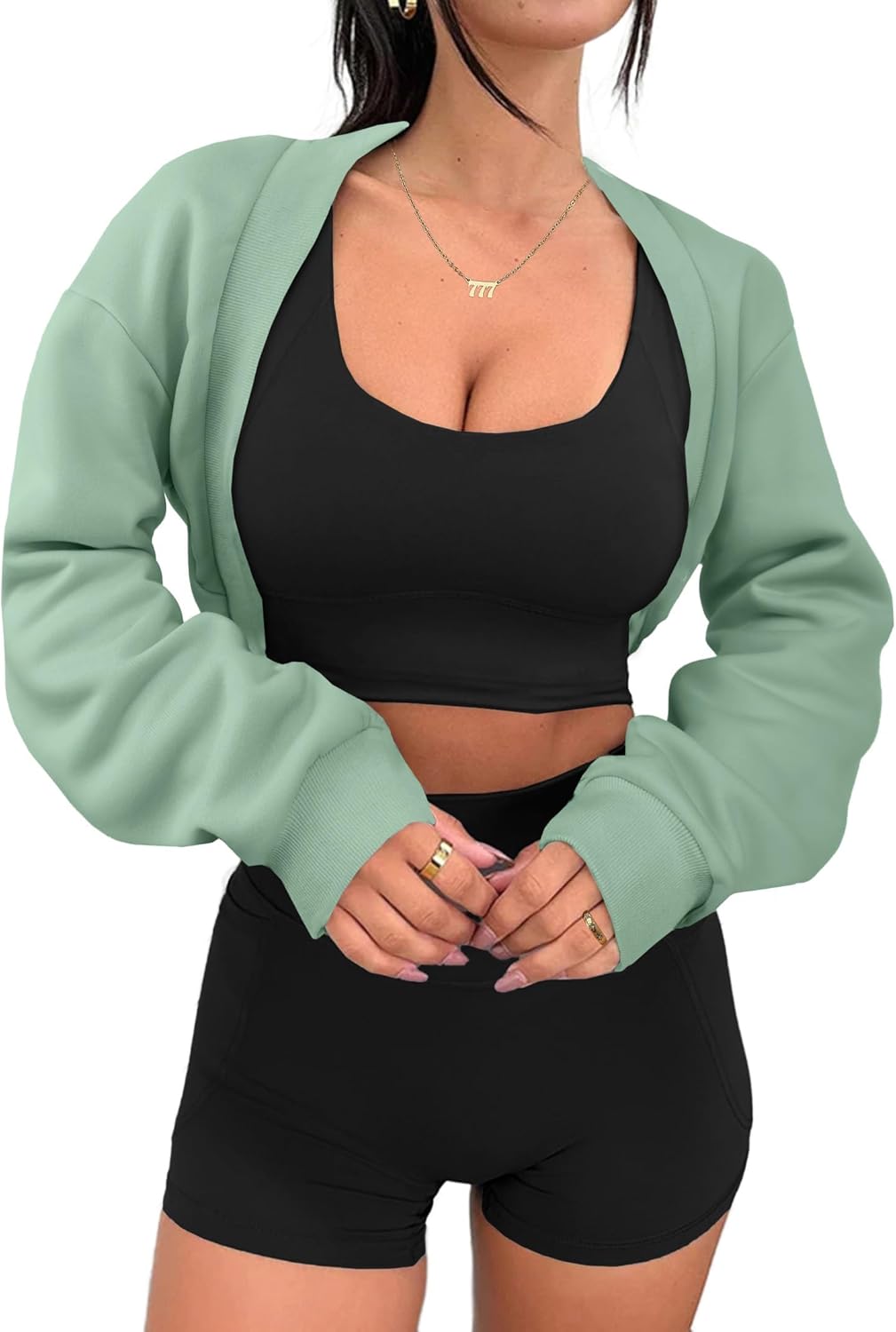Remidoo Women's Bolero Shrug Sweatshirt Open Front Long Sleeve Crop Top With Thumb Hole - Image 5