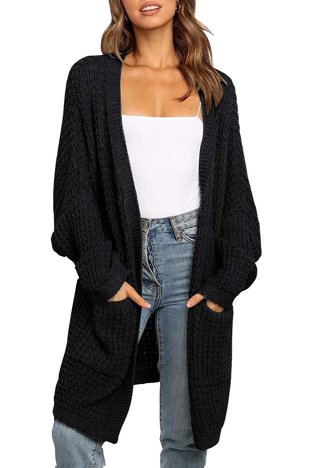 Womens Fashion Open Front Long Batwing Sleeve Cardigans Sweaters Coats with Pockets Black XXL