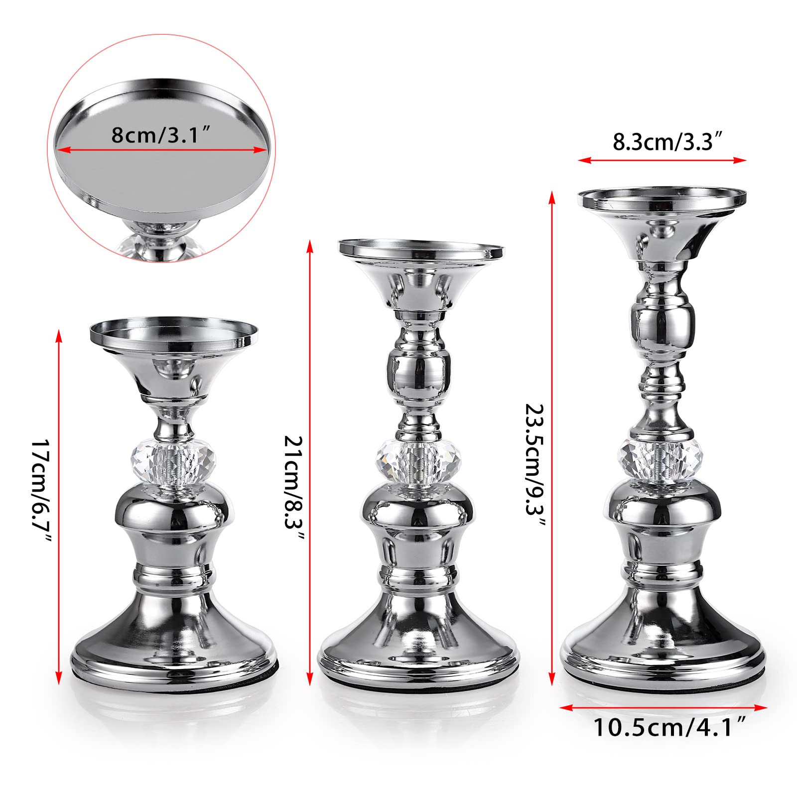 OwnMy 3PCS Silver Metal Pillar Candlestick Holders Vintage Brass Pillar Candle Holders, Metal Crystal Pillar Candle Stands Elegant Candle Centerpiece for Dining Table Wedding Fireplace Candle Decor