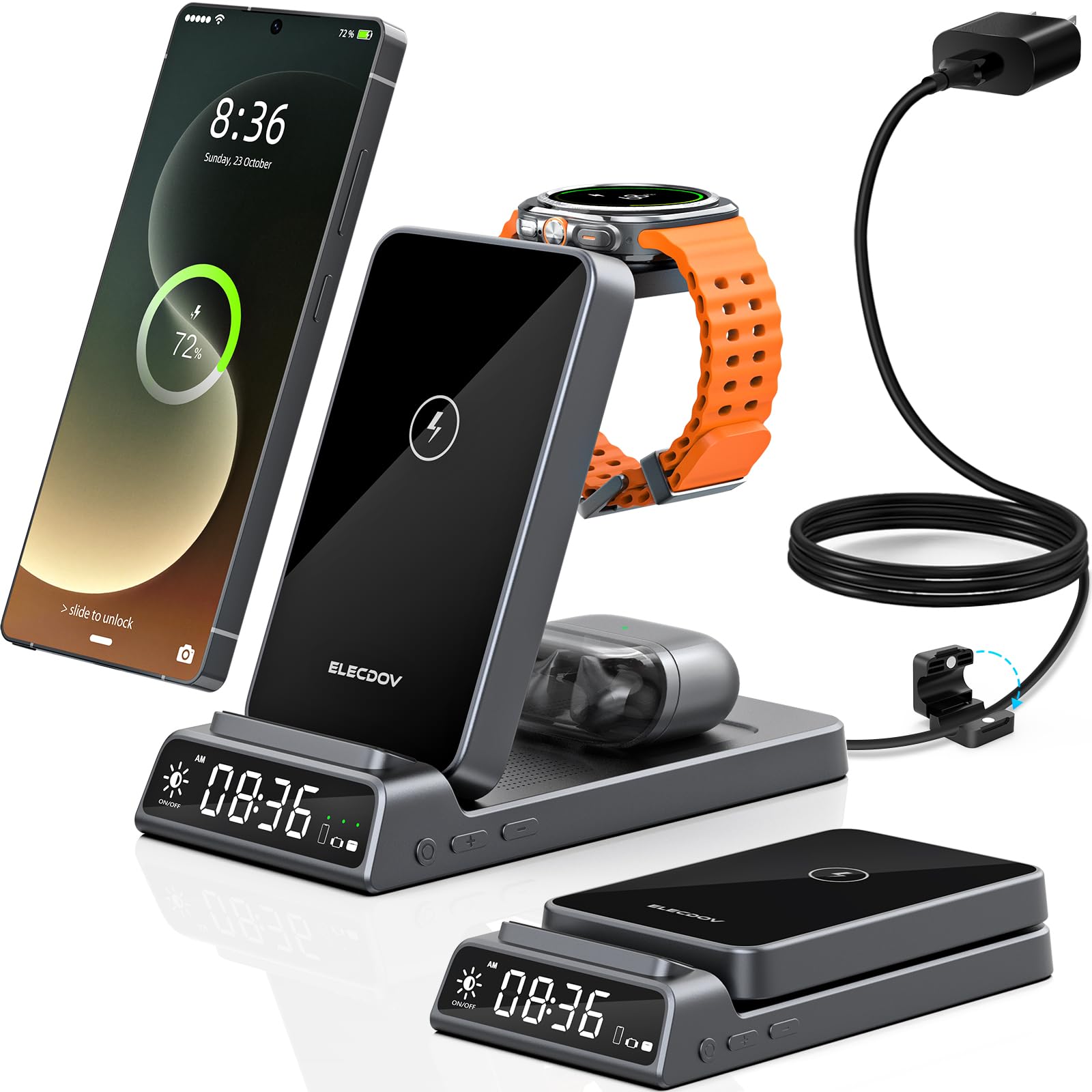 Caricabatterie wireless per stazione di ricarica Samsung con orologio per Samsung Galaxy S25 Ultra/S24/Z Fold 7/Flip 7/Bud, caricabatterie per orologio Samsung Galaxy Watch 8/7/6/5Pro, stazione di