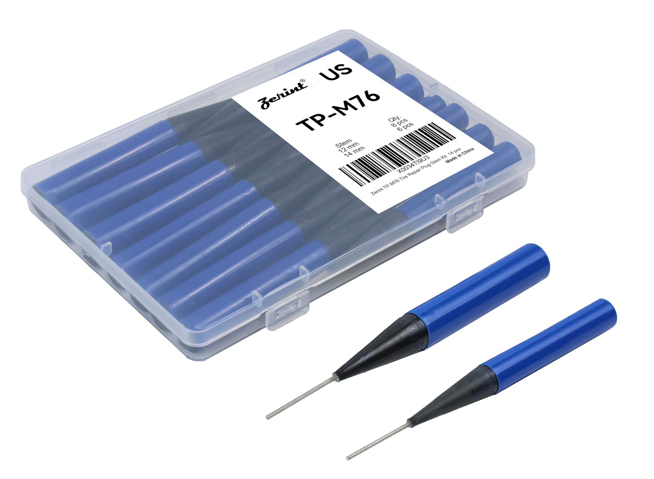 ZERINT TP-M76 Tire Repair Plug Stem Kit 14 pcs，Wrapped stem: Dia. 1/2" (12 mm) 8 pcs and 9/16" (14 mm) 6 pcs in a Box