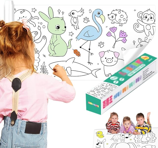 Drawing Paper Roll for Children, 3M Colouring Roll for Kids, Children's Drawing Roll, Coloring Paper Roll for Toddler, DIY Cut and Paste Painting Paper for Girls and Boys - (Animal World)