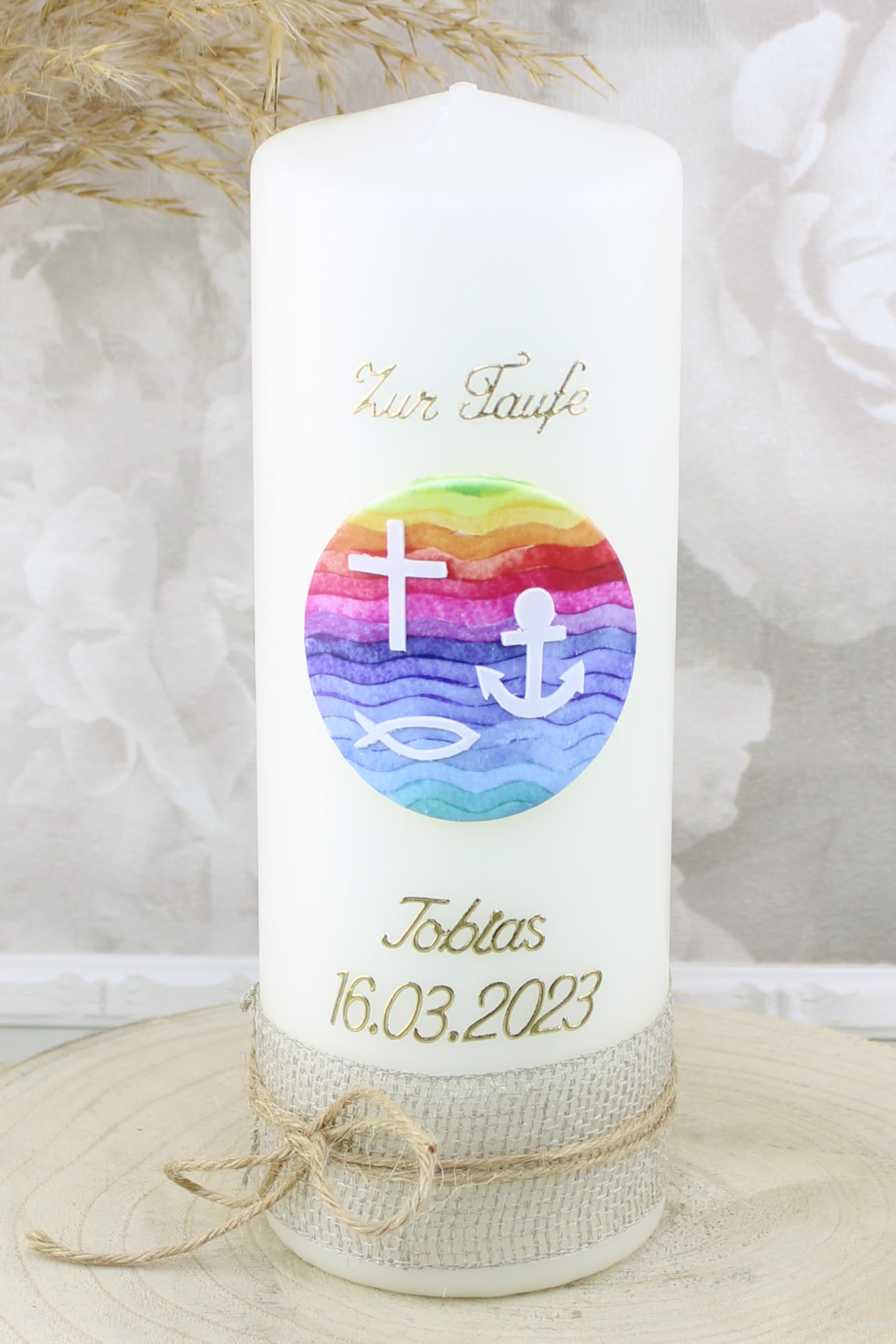 Cerziies® Taufkerze TOBI Junge oder Mädchen mit Name und Datum, individuell und handverziert 2510