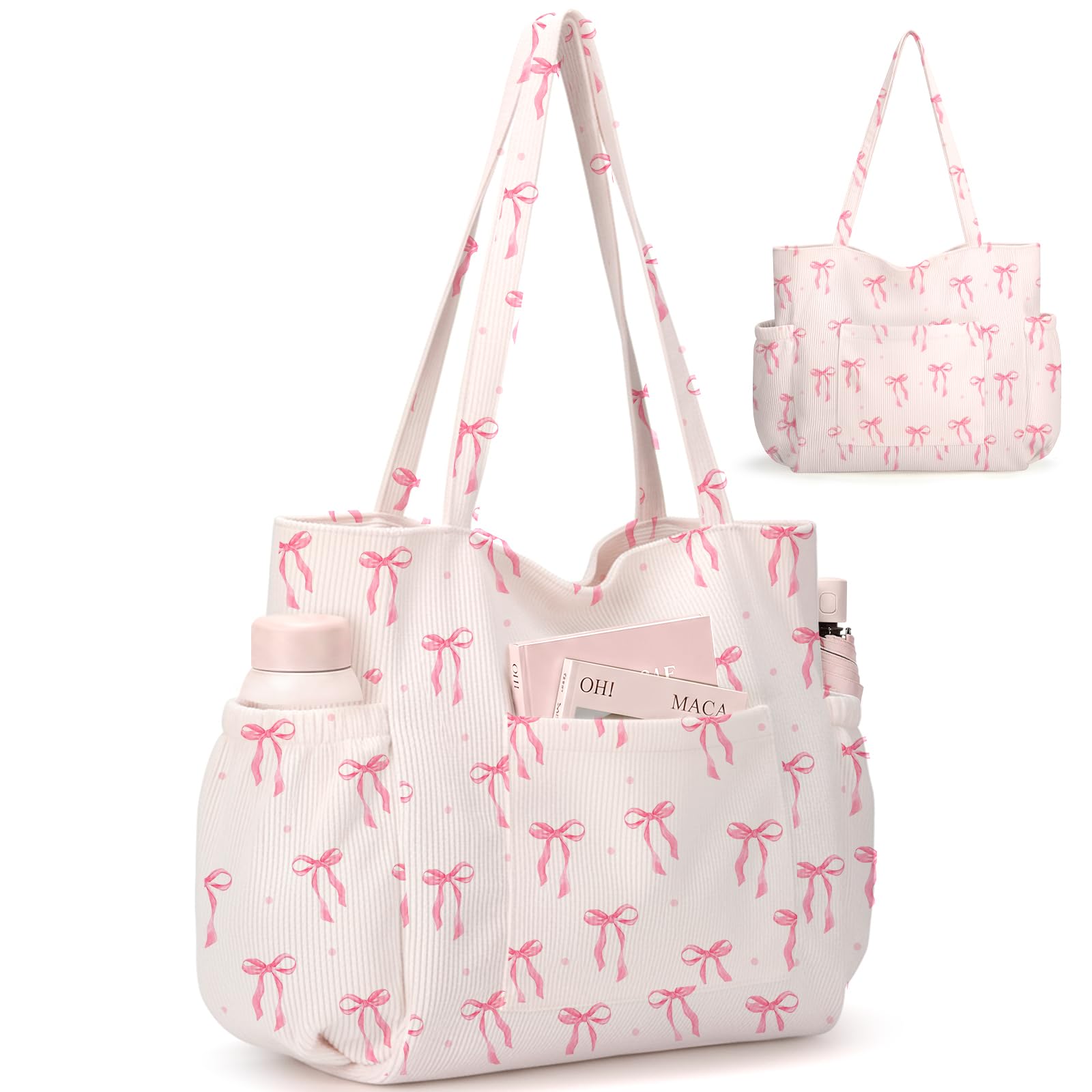Corduroy Tote Bag for Women,Large Capacity Cute Tote Bags With 6 Pockets,Crossbody Shoulder Handbag for Work Travel Gym