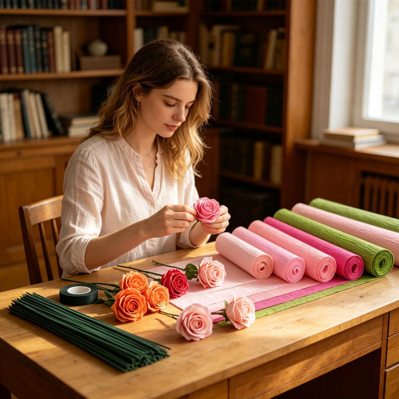 Lot de 6 rouleaux de papier crépon avec 50 tiges métalliques pour décorations de fête, bouquets de mariage, arches de remise de diplôme, toiles de fond photo