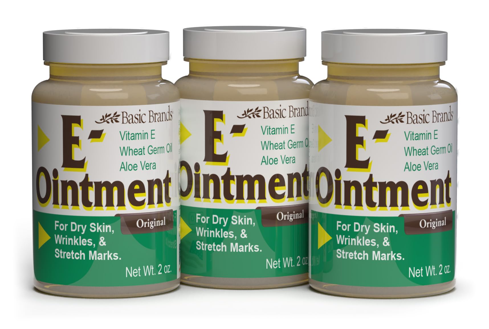 Basic Organics - Basic Brands - Vitamin E Ointment - 2 oz - Moisture Enhancing - Can Help Reduce Appearance of Scars, Stretch Marks, Fine Lines & Wrinkles - Pack of 3