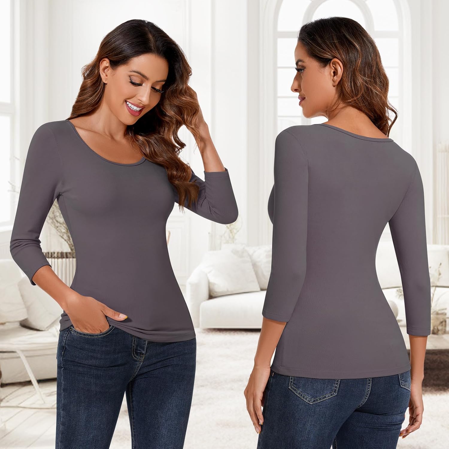 WOWENY Women's 3/4 Sleeve Thermal Shirts Fleece Lined Tops Winter Warm Base Layer Cold Weather Underwear - Image 6