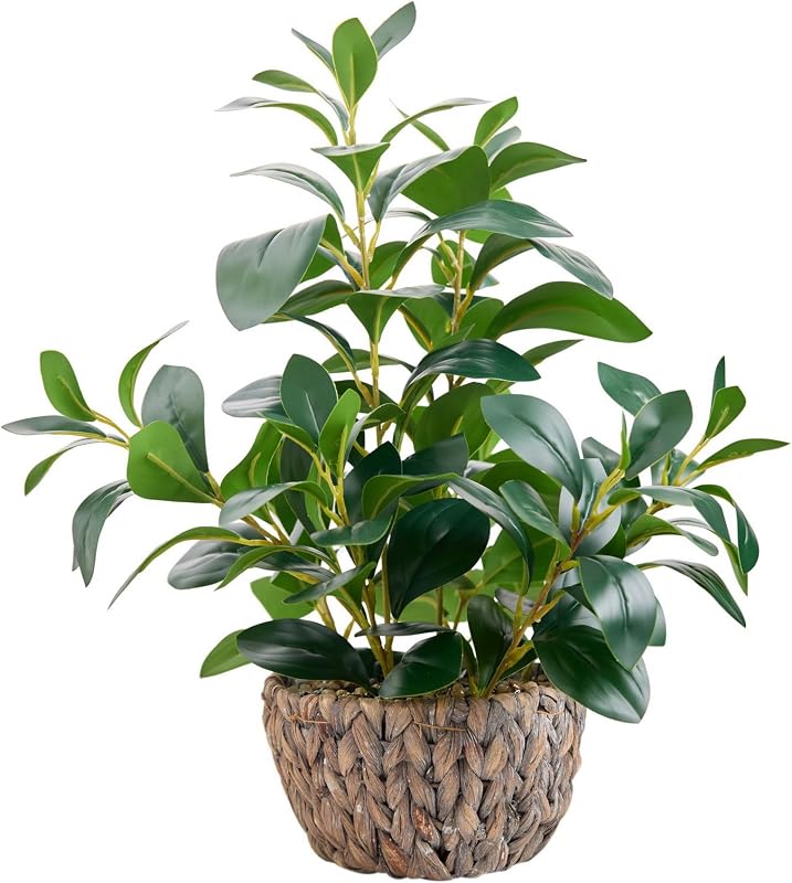 Fake Indoor Ficus Plant in Rattan Basket Planter Home Office Decor | Realistic 18.8“ faux ficus plant in woven rattan basket with pebbles ideal home living room office table desk shelf decor