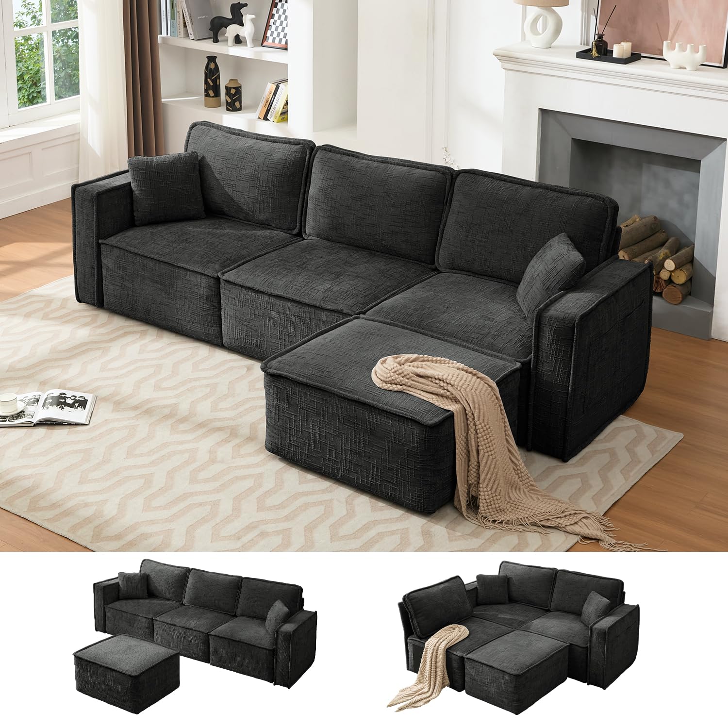 WorthFurni 111.4" Modular Sectional Sofa L Shaped Couch with Movable Ottoman, 3 Seat Oversized Modular Sofa Memory Foam Cloud Sectional Couches for