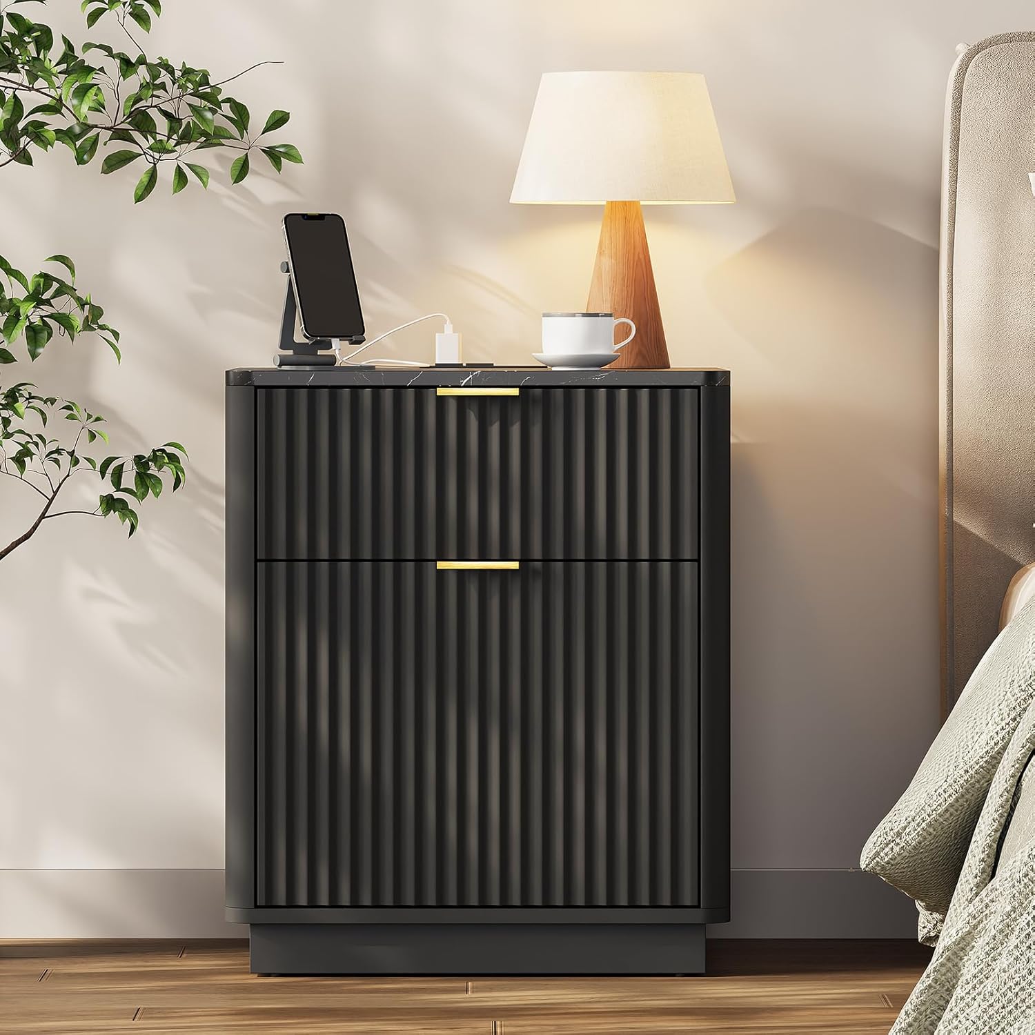 Modern Fluted Nightstand, Bedside Table with Charging Station, Curved Profile Design, Faux Marble Top Night Stands with 2 Large Drawer for Bedroom/ 2 Drawer, Black