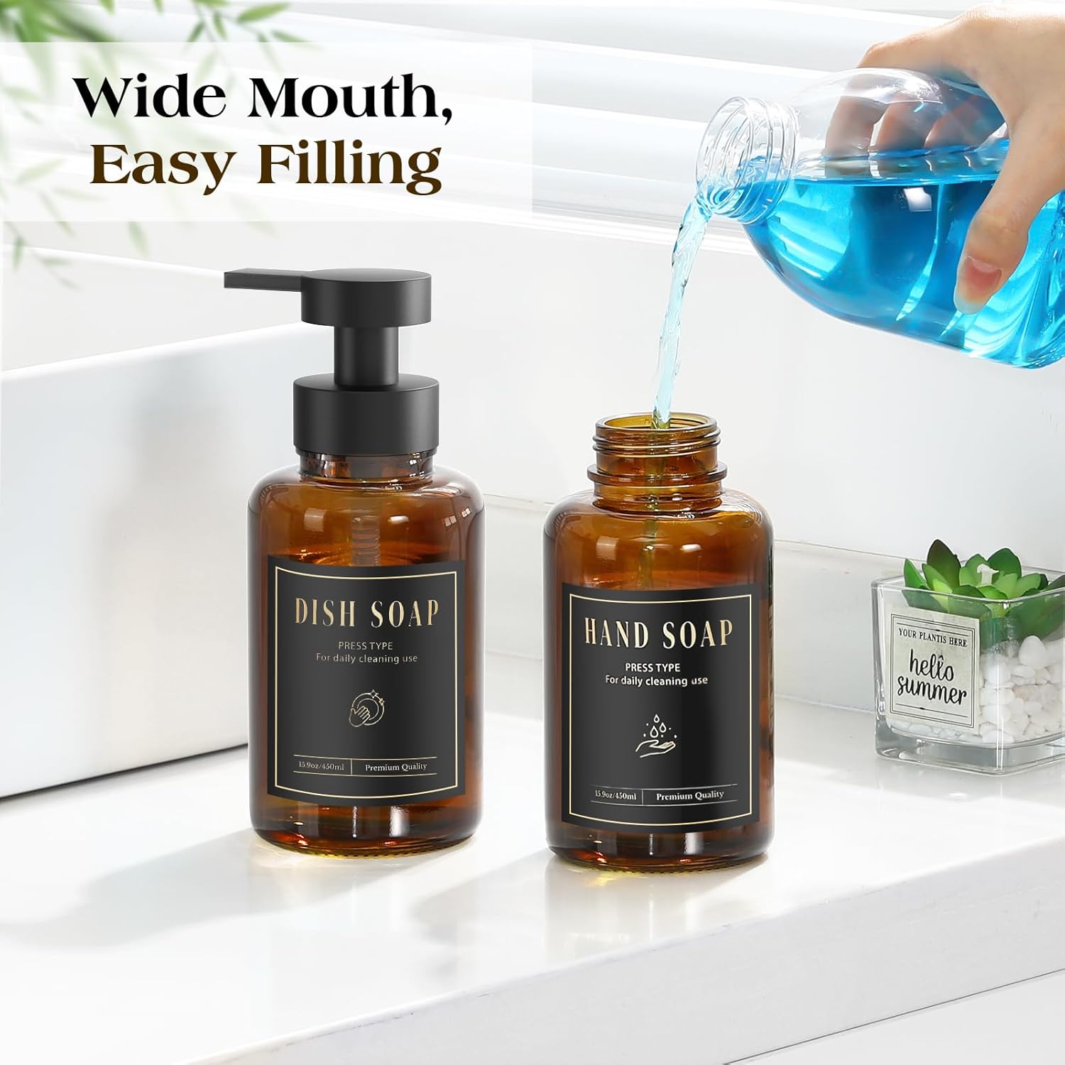 Luxspire Foaming Soap Dispenser, Glass Foam Pump Soap Dispenser, Non-Slip Hand Soap Bottle with 5 Waterproof Labels, 15 Oz Refillable Liquid Soap Bottle for Bathroom & Kitchen, Amber, 2 Pack - Image 4