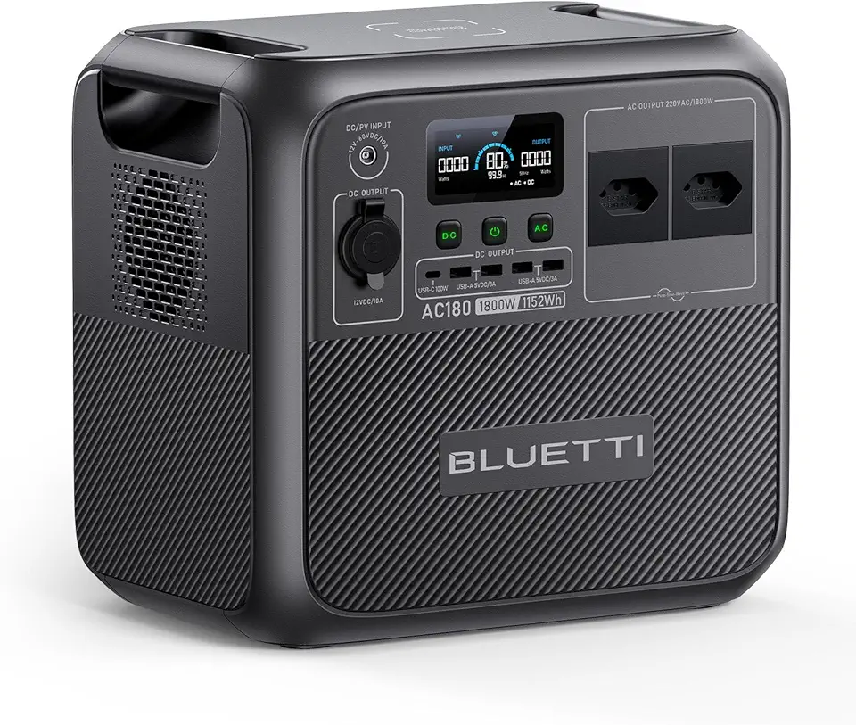 BLUETTI AC180 Gerador de Energia Solar, Bateria LiFePO4 de 1.152Wh, 0-80% em 45 Minutos, 2 Saídas CA 220V|1.800W (Pico de 2.700W), Estação de Energia Portátil para Camping, Falta de Energia