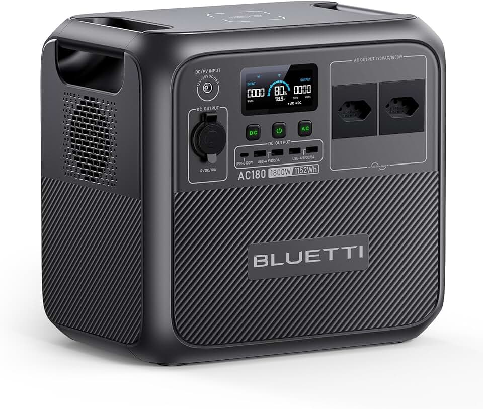BLUETTI AC180 Gerador de Energia Solar, Bateria LiFePO4 de 1.152Wh, 0-80% em 45 Minutos, 2 Saídas CA 220V|1.800W (Pico de 2.700W), Estação de Energia Portátil para Camping, Falta de Energia