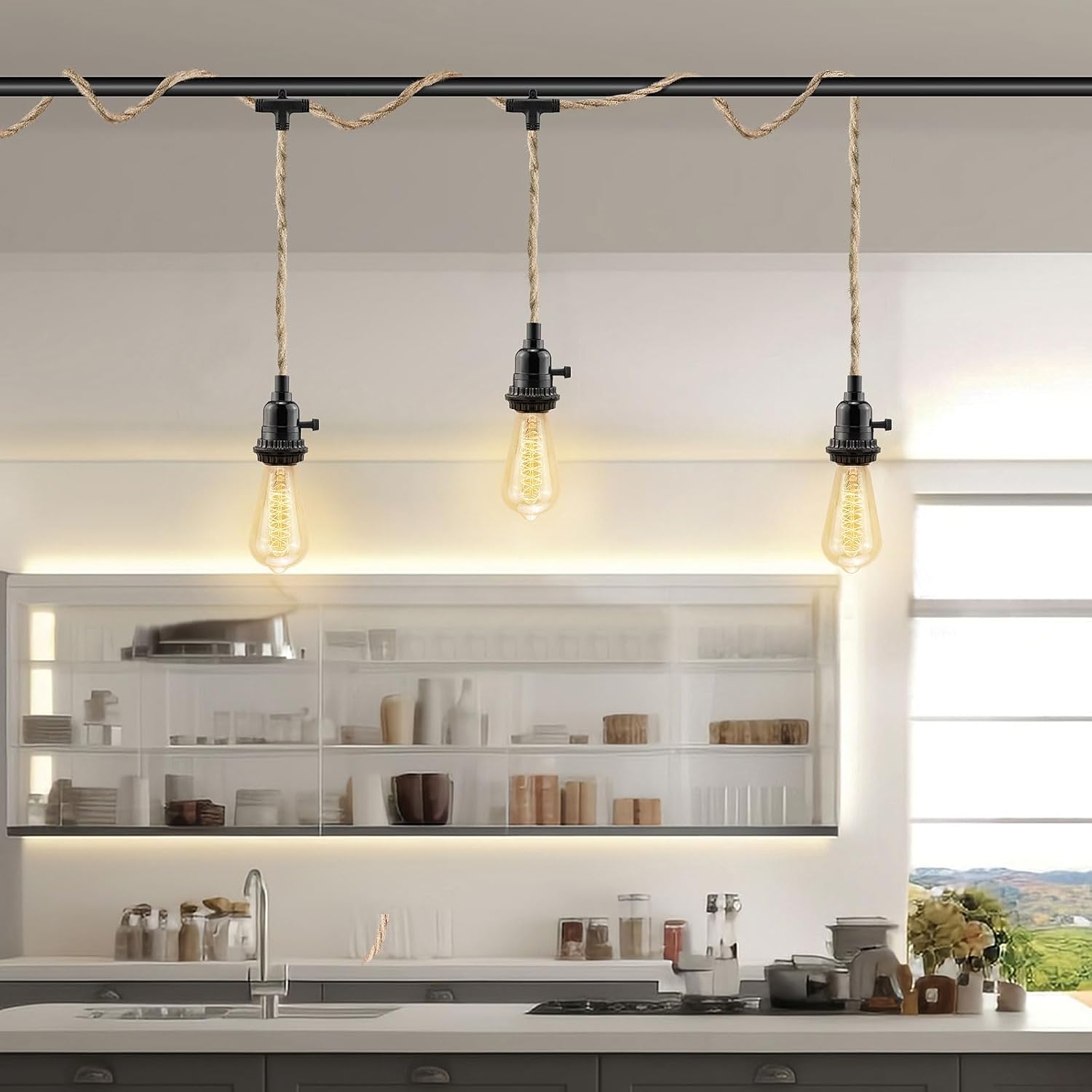 LYOOWNG 3 Light Plug in Pendant Light Cord, 25FT Hanging Lights with Plug in Cord, Hemp Rope Hanging Light Kit with 2 Way Switch, Farmhouse Pendant Light Kits DIY HangingLight