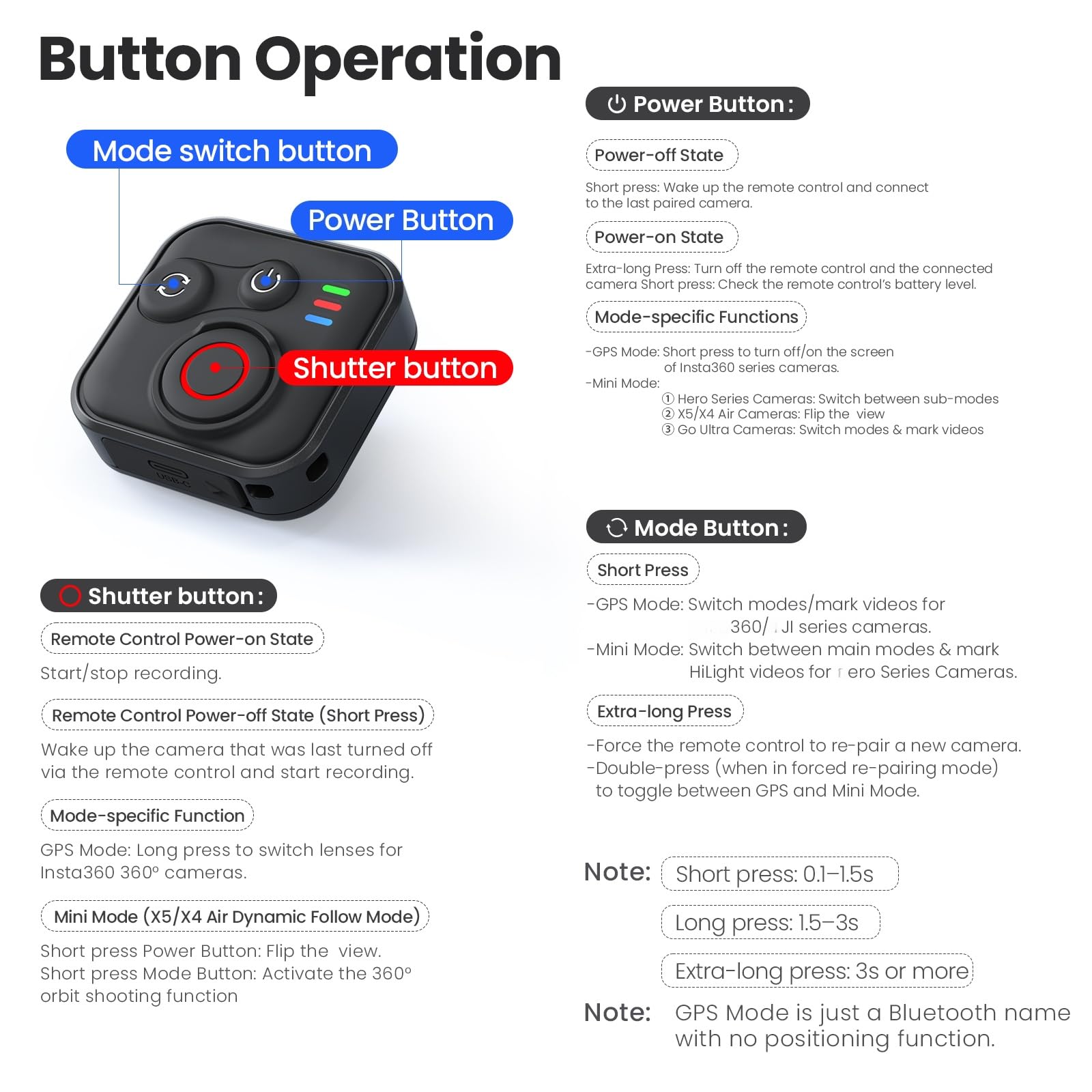 Telecomando per Insta360 GO Ultra/X4 Air/X5 & DJI Action 6/5 Pro/4, Osmo 360, Action Camera Telecomando Bluetooth