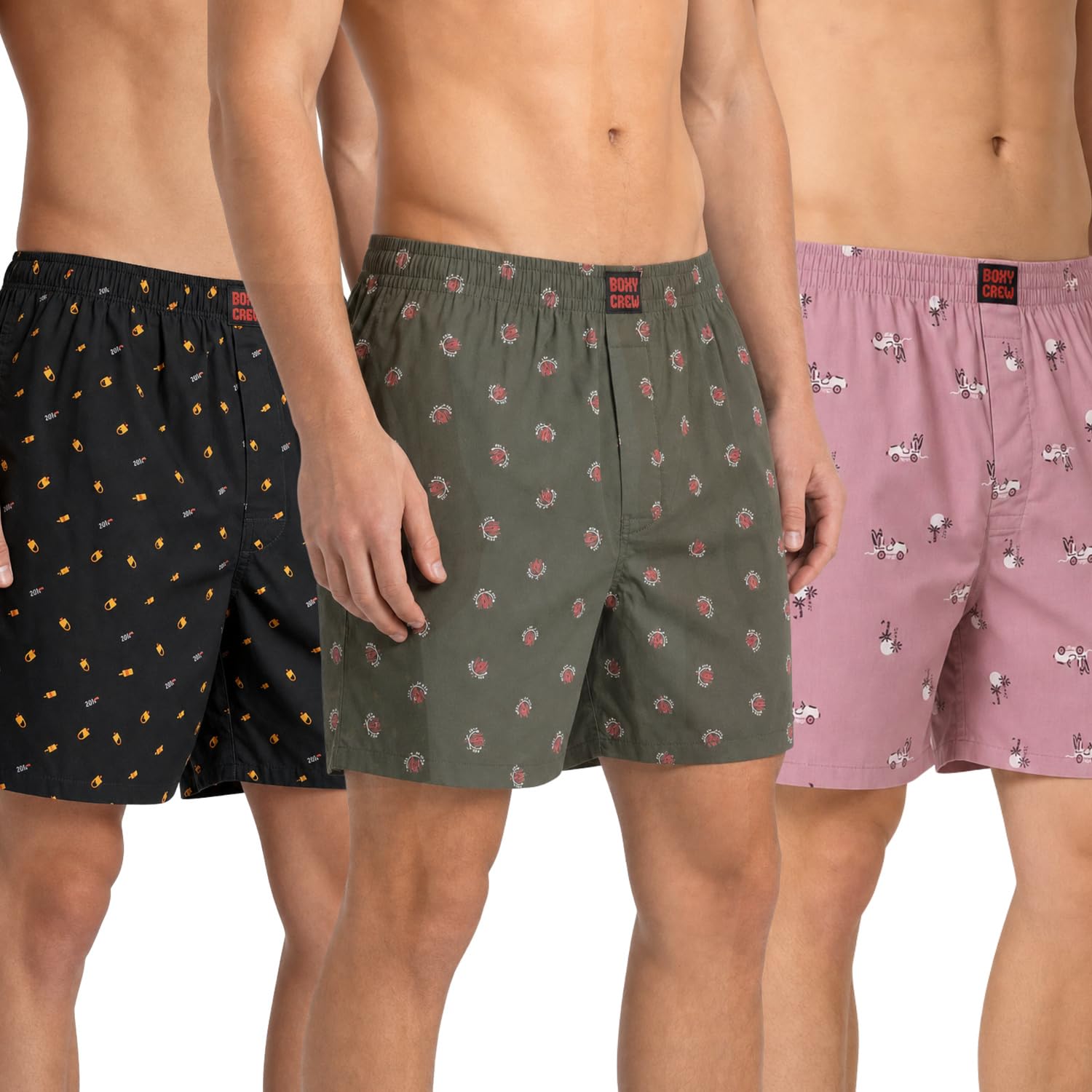 Men's 100% Cotton Printed Boxer Shorts Pack of 3 with Dual Side Pockets and Fabric-Covered Waistband - Black/Olive/Pink, Styles MBX016, MBX026, MBX028-image-8