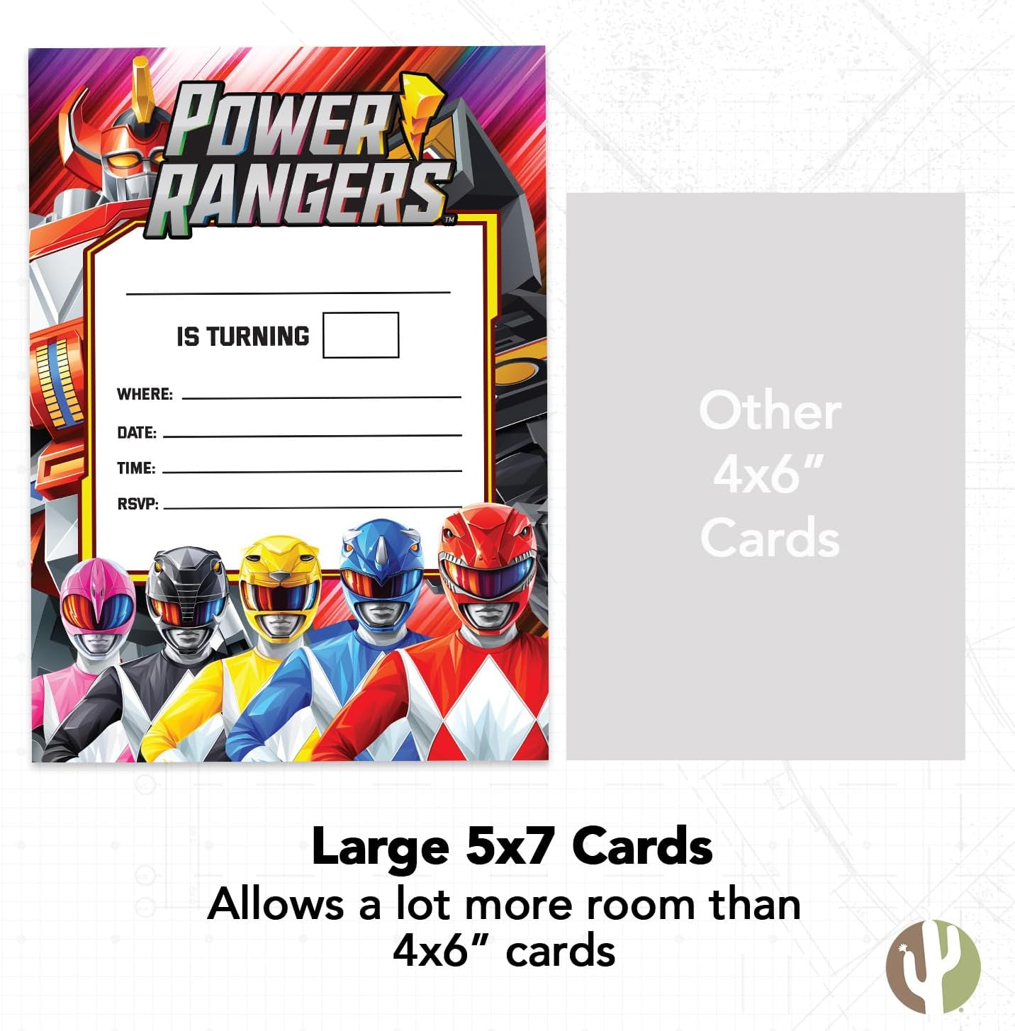 Desert Cactus Power Rangers Happy Birthday Invitations Invites Cards 10 Count with Envelopes Boys Girls Kids Party (Style B)