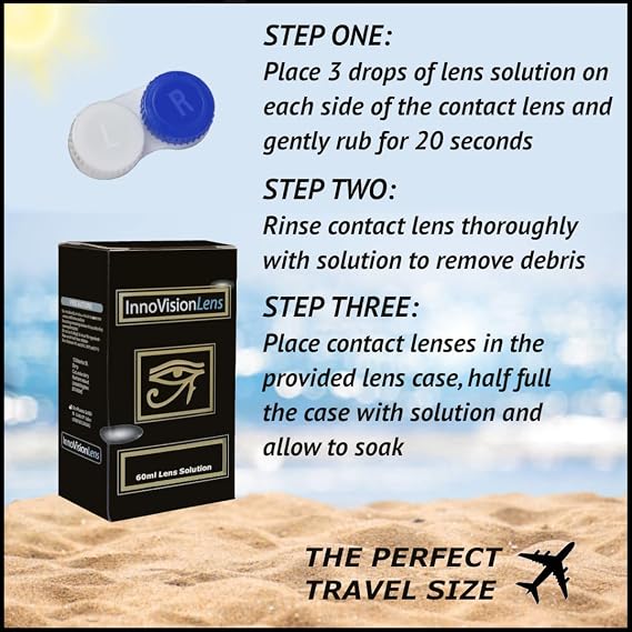 InnoVisionLens 60ml Multi-Purpose Contact Lens Solution with Lens Case - Flight Travel-Size for Soft Contacts, Cleans, Rinses & Stores - Gentle on Sensitive Eyes