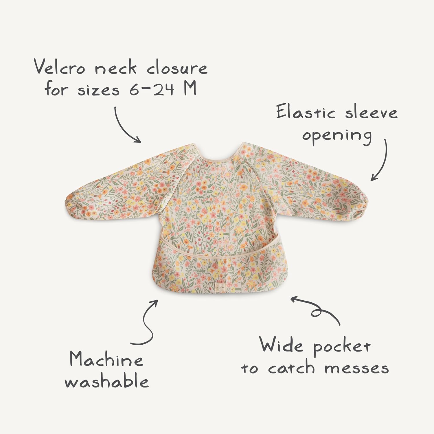 mushie Long Sleeve Baby Bib | Water Resistant Adjustable Fit for Ages 6-24 Months
