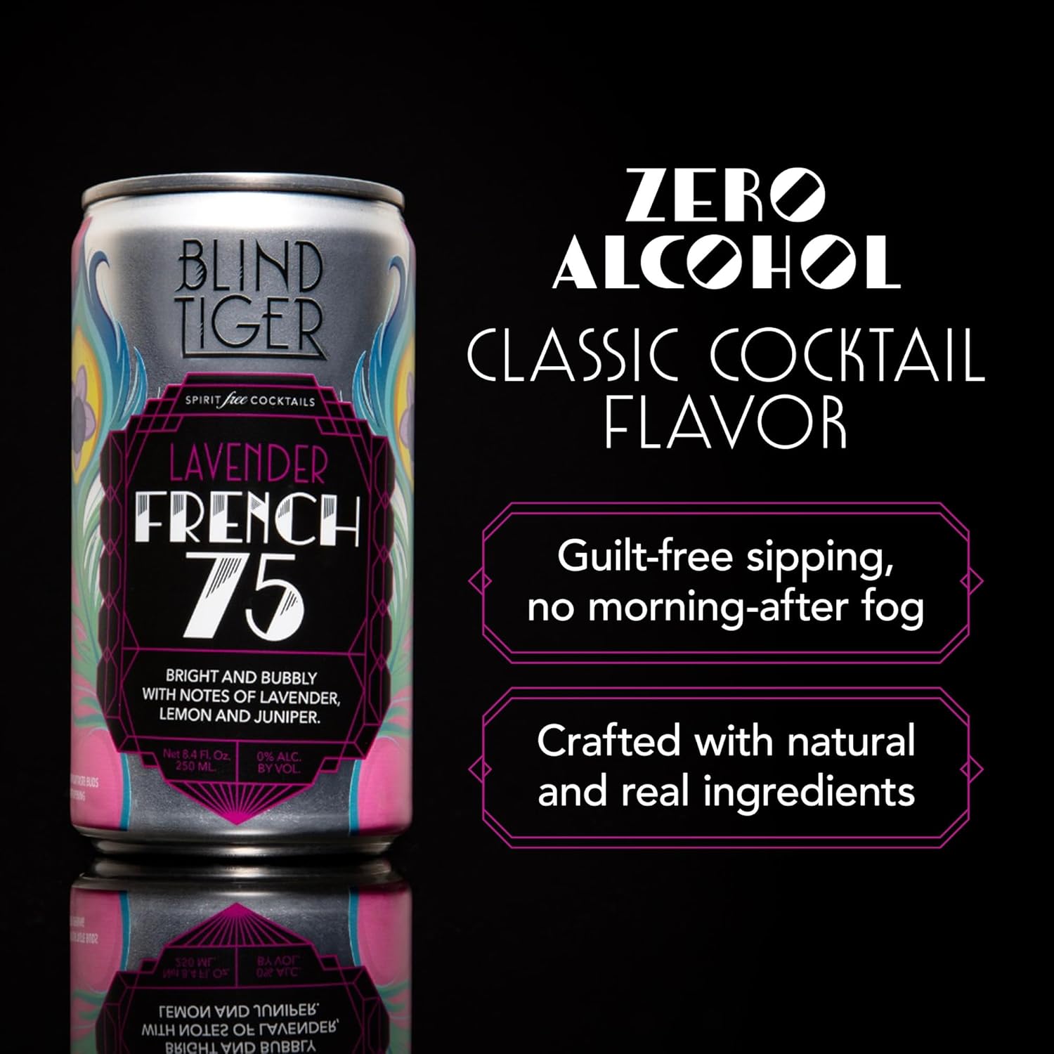 Blind Tiger Lavender French 75 4-pack – Premium Light Floral & Citrus Sparkling Non-Alcoholic Cocktail - Award-Winning Crafted Elegance - Ready to Drink or Mix - 8.4oz Per Can