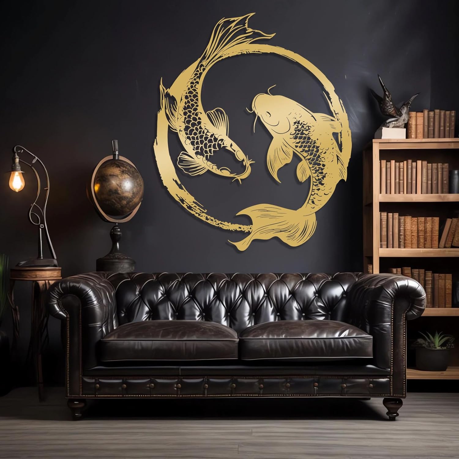 Metal Koi Fish Wall Decor, Koi Fish Metal Wall Art, Feng Shui Koi Fish, Yin Yang Wall Art, Zen Art Wall Decor, Feng Shui Home Design, Spiritual Metal Sign, Bathroom Wall Decor (Gold, 30x35|75x90cm)