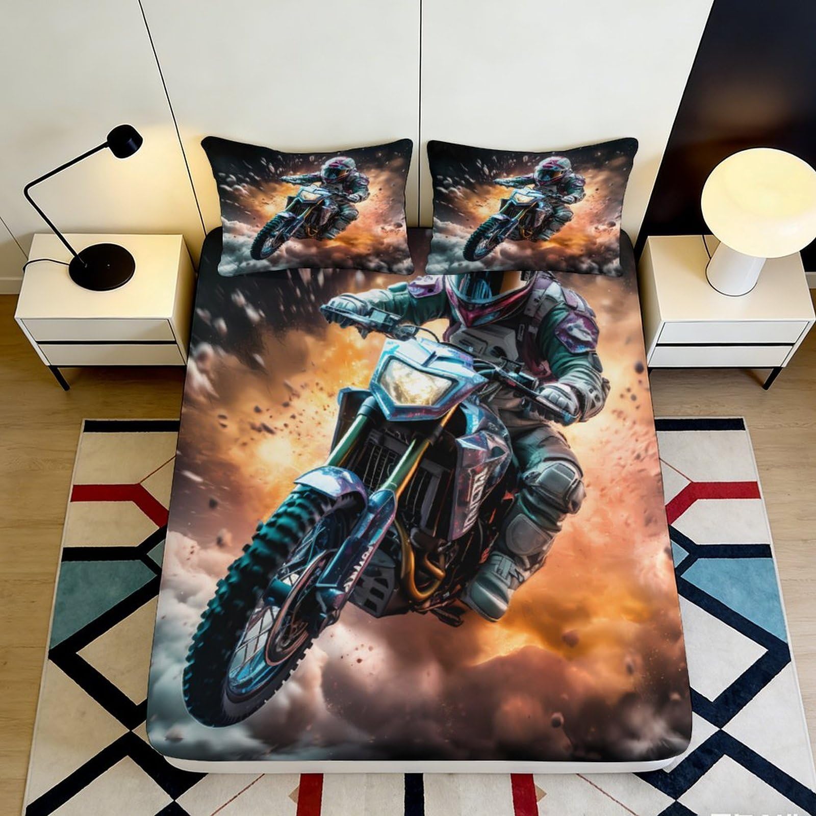 3D Printed Motocross Explosion Fitted Sheet Microfiber Breathable Dirt Biker Mattress Cover for Bedroom Dorm Decor 200x200x25cm