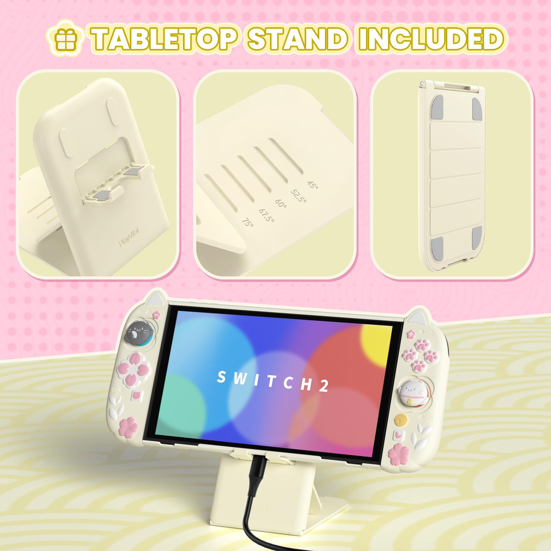 playvital Cover Dockable per Nintendo Switch 2 & Custodia in Silicone per Nintendo Switch 2 Pro Controller, Gattino di Fiori - Giallo Antico