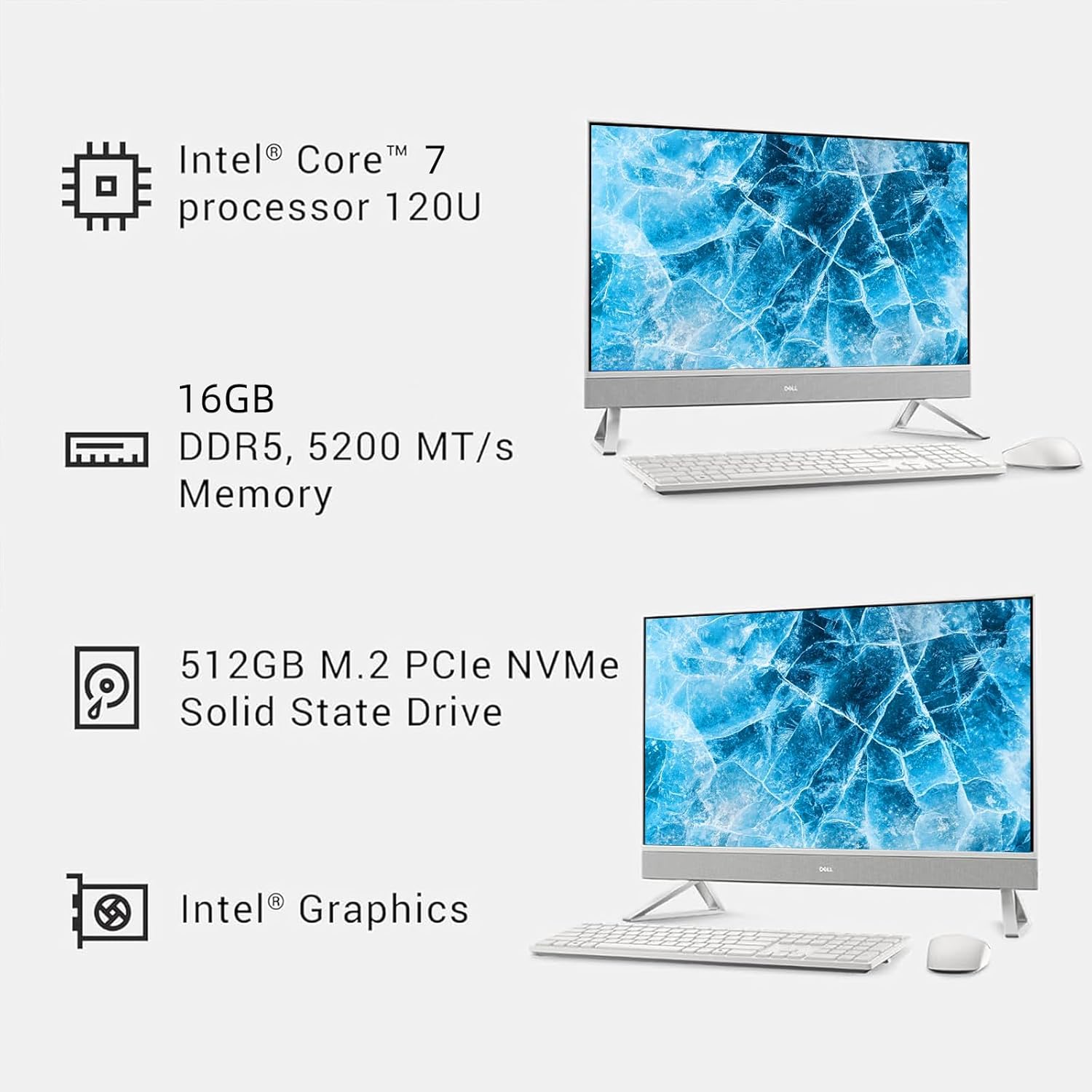 Dell 24 Inch FHD IPS All-in-One Computer, Intel Core 7-150U Processor, Touch Screen Display, 16GB DDR5 RAM, 512GB SSD, Wireless Keyboard and Mouse, Windows 11 Pro, WiFi, HDMI, Anti-Glare, White