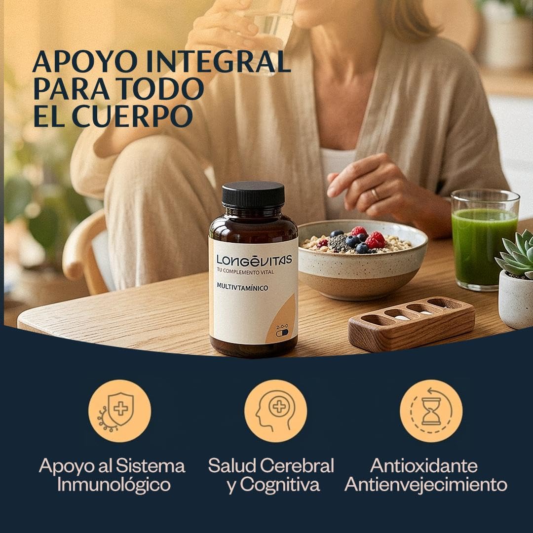 Longévitas Multivitamínico, CoQ10 & Quercetina, 2 Meses (120 Cápsulas) | 25+ vitaminas y minerales A-Z, Máxima biodisponibilidad, Energía, piel & sistema inmune, Fabricado en España