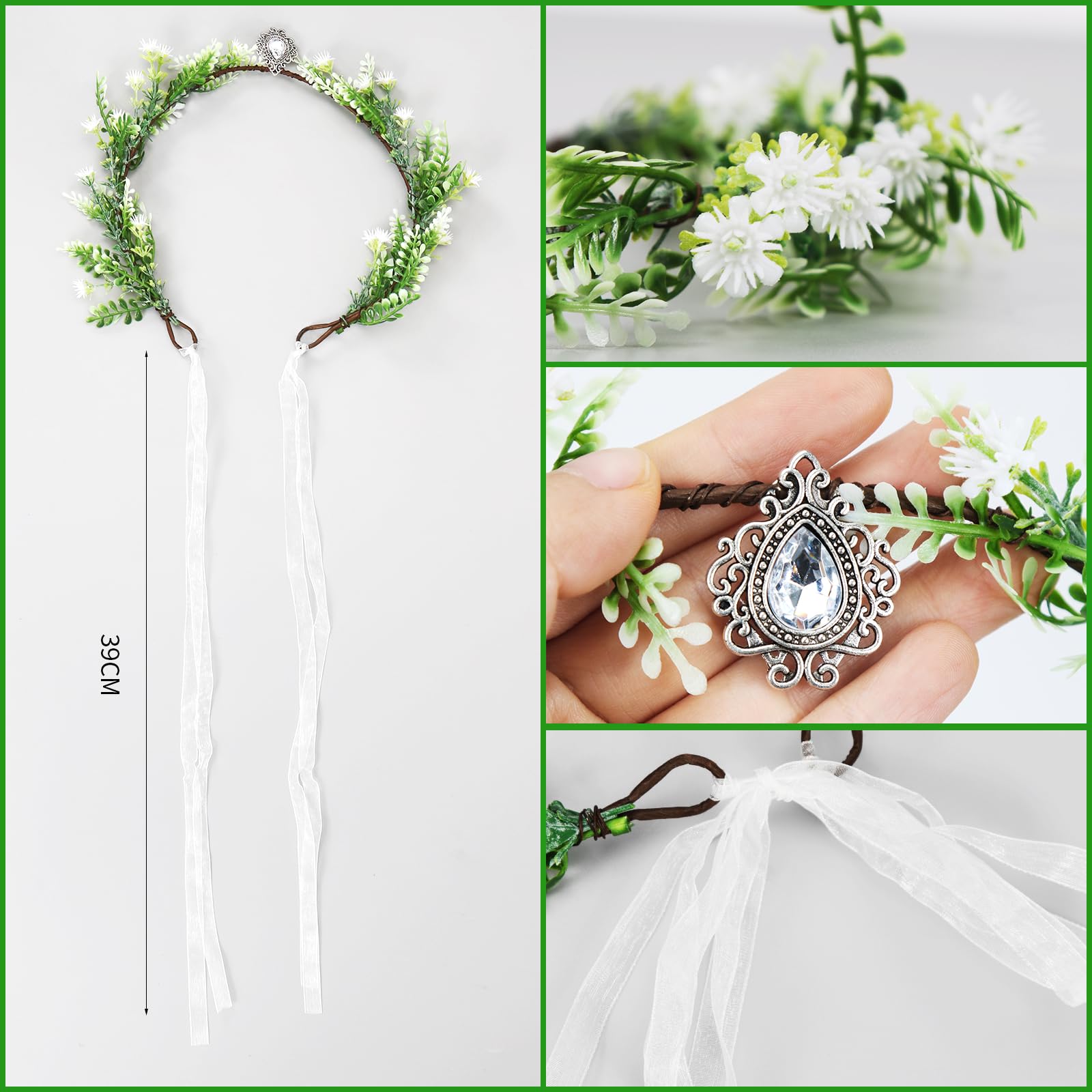 2 pary uszu elfa + elf kwiaty liście korona opaska na głowę kwiaty liście bajki girlanda kwiatowa boho opaska na głowę elf kostium elfa akcesoria na Halloween karnawał cosplay