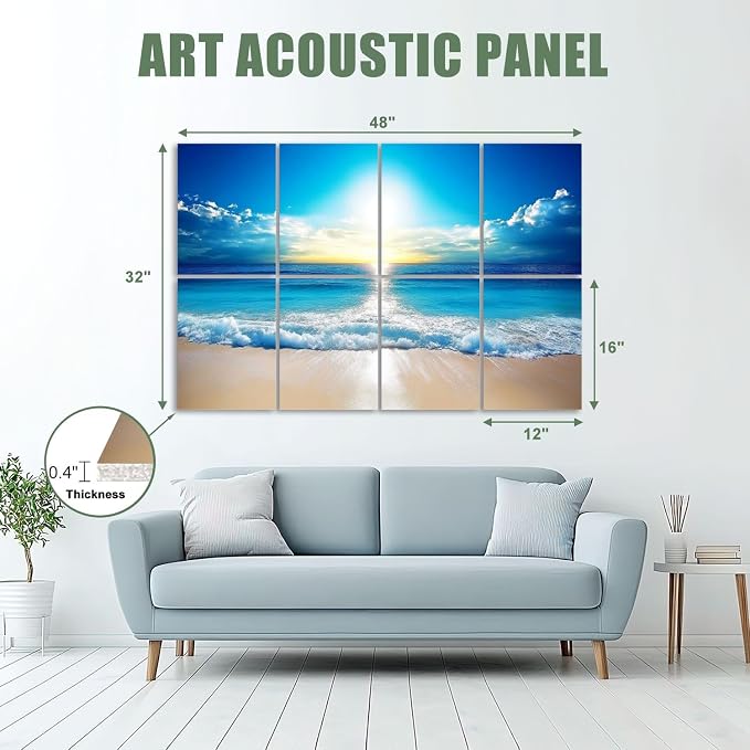 8 Paneles acústicos artísticos pack de 8 piezas absorción de sonido, paisaje océano, azul, 48 x 32 pulgadas miniatura 2