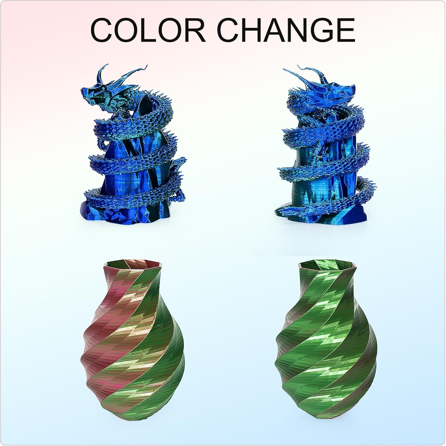 Silk Dual Color 3D Printer Filament Bundle, 1.75 mm Color Changing PLA Bundle, 4 Spools 250g Each (Rose & Blue, Red & Gold, Violet & Green, Blue & Green)