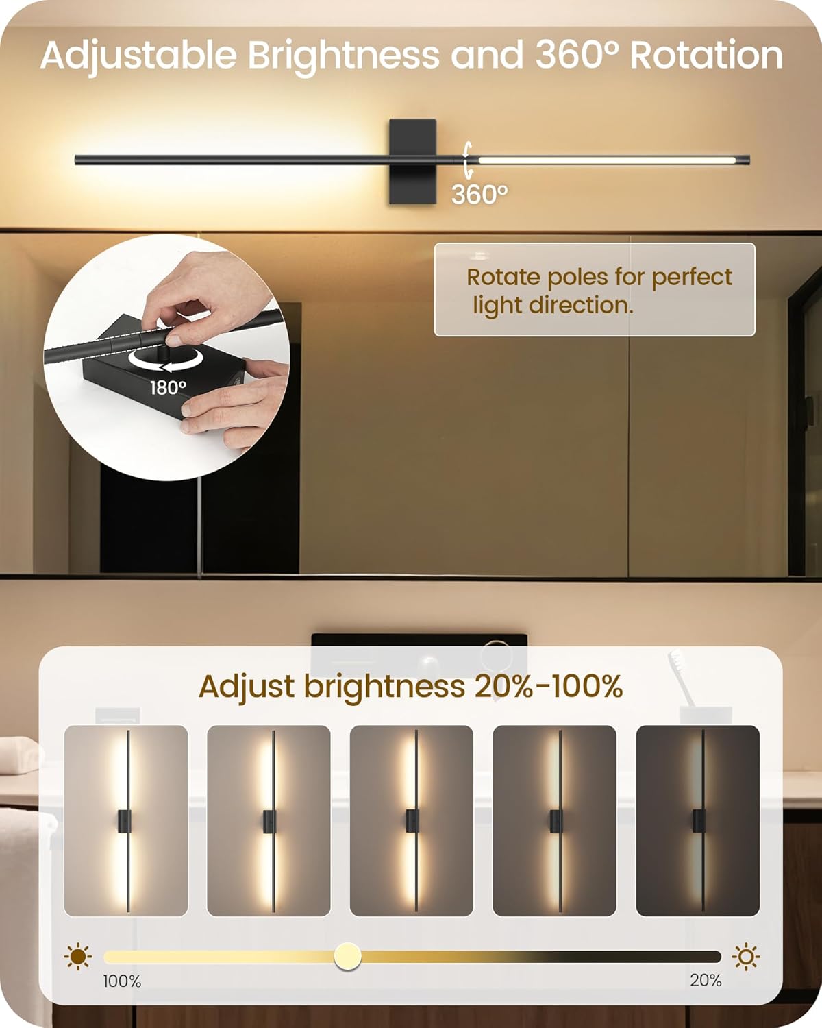 39.4" Wireless Wall Sconces Battery Operated Set of 2, Rechargeable Lamps with Remote, 360° Rotation, 10000mAh, Touch Dimmable Lights for Bedroom, Living Room, Hallway, Black B07YBP205