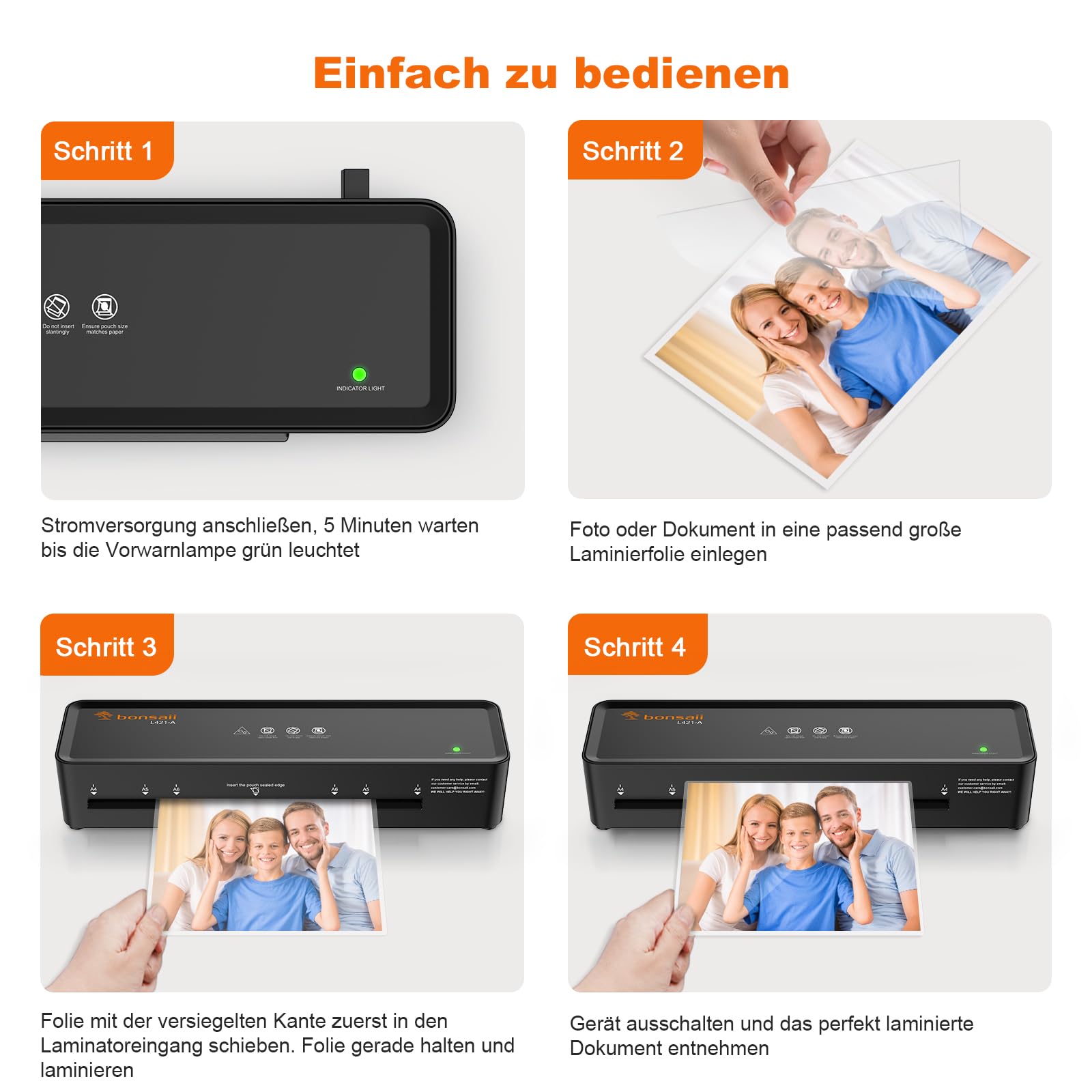 Bonsaii Laminator A4 z odblokowaniem ABS | Dla 80-100 mikronów; łatwe odblokowanie po zacięciu, w zestawie 10 kieszeni A5/A6. L421-AB
