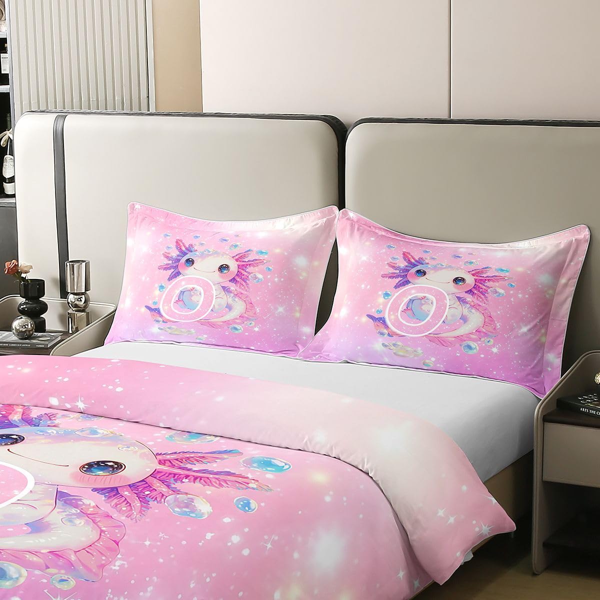 Loussiesd Urocza różowa poszewka na kołdrę Axolotl 100% bawełna King Size Kawaii brokat Axolotl poszewka na kołdrę dla chłopców dziewcząt ocean zwierzę litera O zestaw pościeli 3 szt. dekoracja pokoju