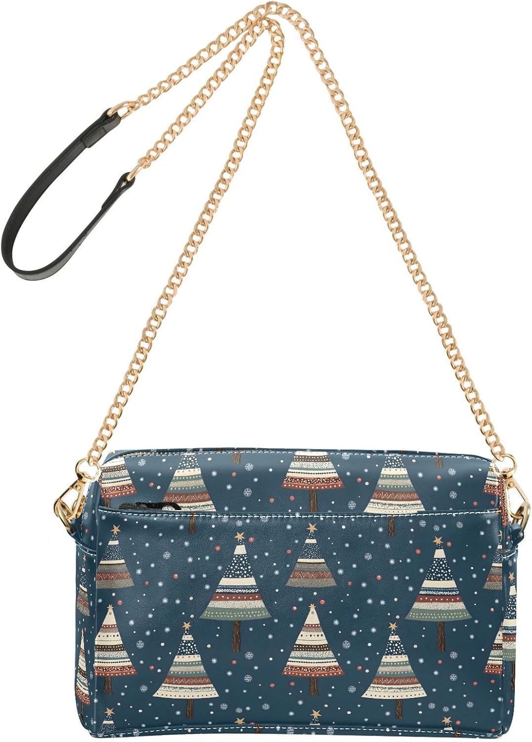 Women Crossbody Bag Shoulder Handbag Cellphone Purse PU Leather Metal Chain Strap Water Resistant Zipper Closure Cartoon Christmas Tree Print