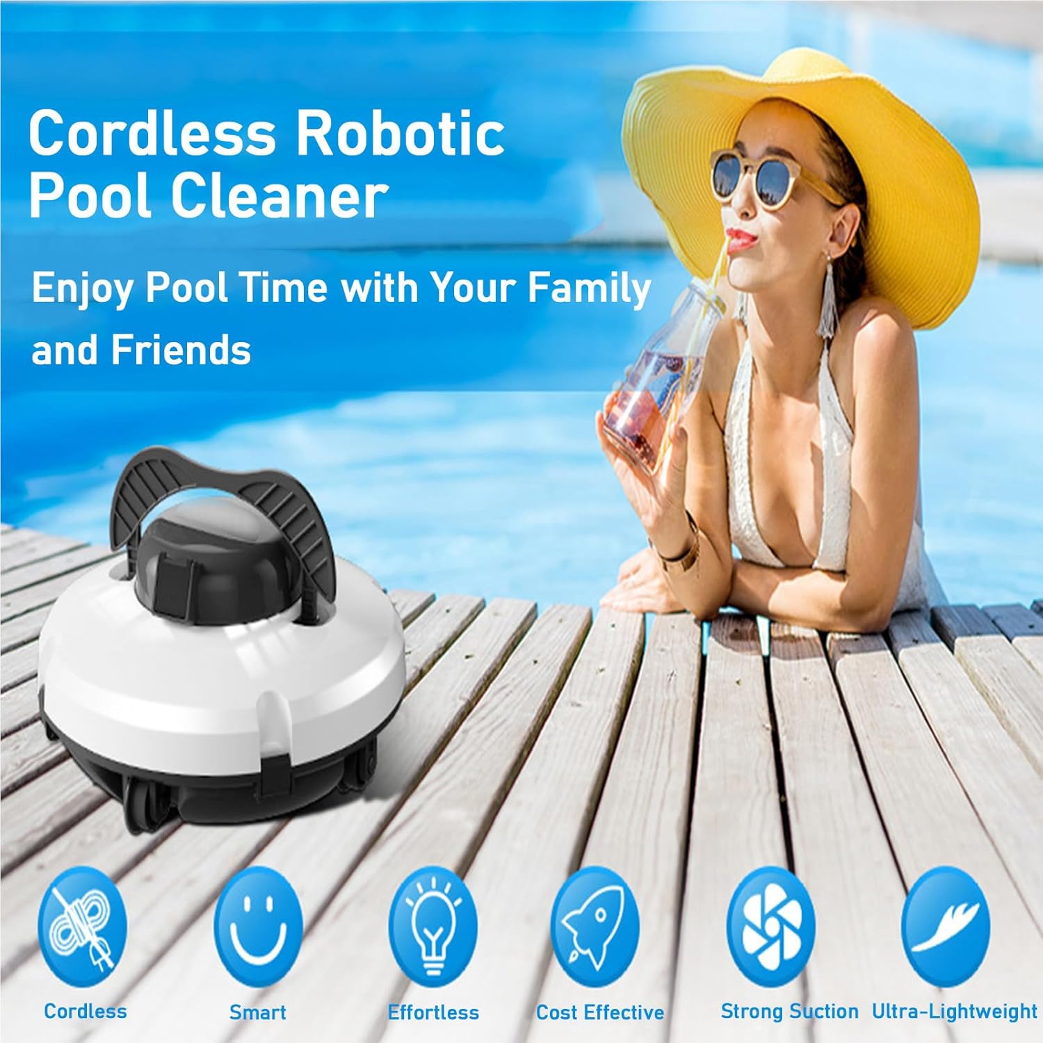 Cordless Robotic Pool Cleaner with feature icons: Cordless, Smart, Effortless, Cost Effective, Strong Suction, Ultra-Lightweight