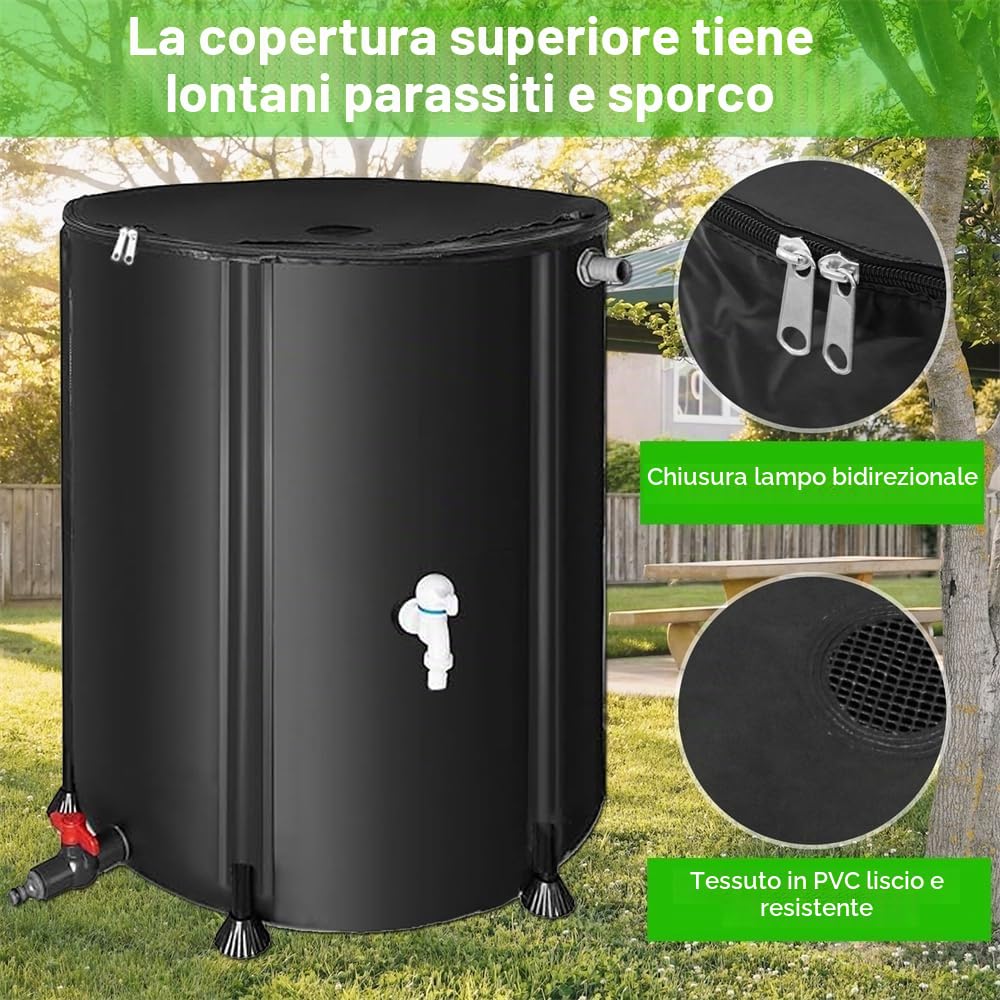 Melko - Raccoglitore di acqua piovana pieghevole da 500L con rubinetto di scarico, aste di supporto in PVC e tubo dell'acqua da 2 m - Serbatoio per acqua piovana mobile con protezione da trabocco e