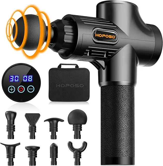 Imagen relacionada con Pistola de Masaje Muscular, Eléctrica Masajeador de Músculos de Tejido Profundo con 30 Velocidades, 6 Cabezales de Masaje, Pantalla LCD Táctil, Pistola de Masaje (Negro)