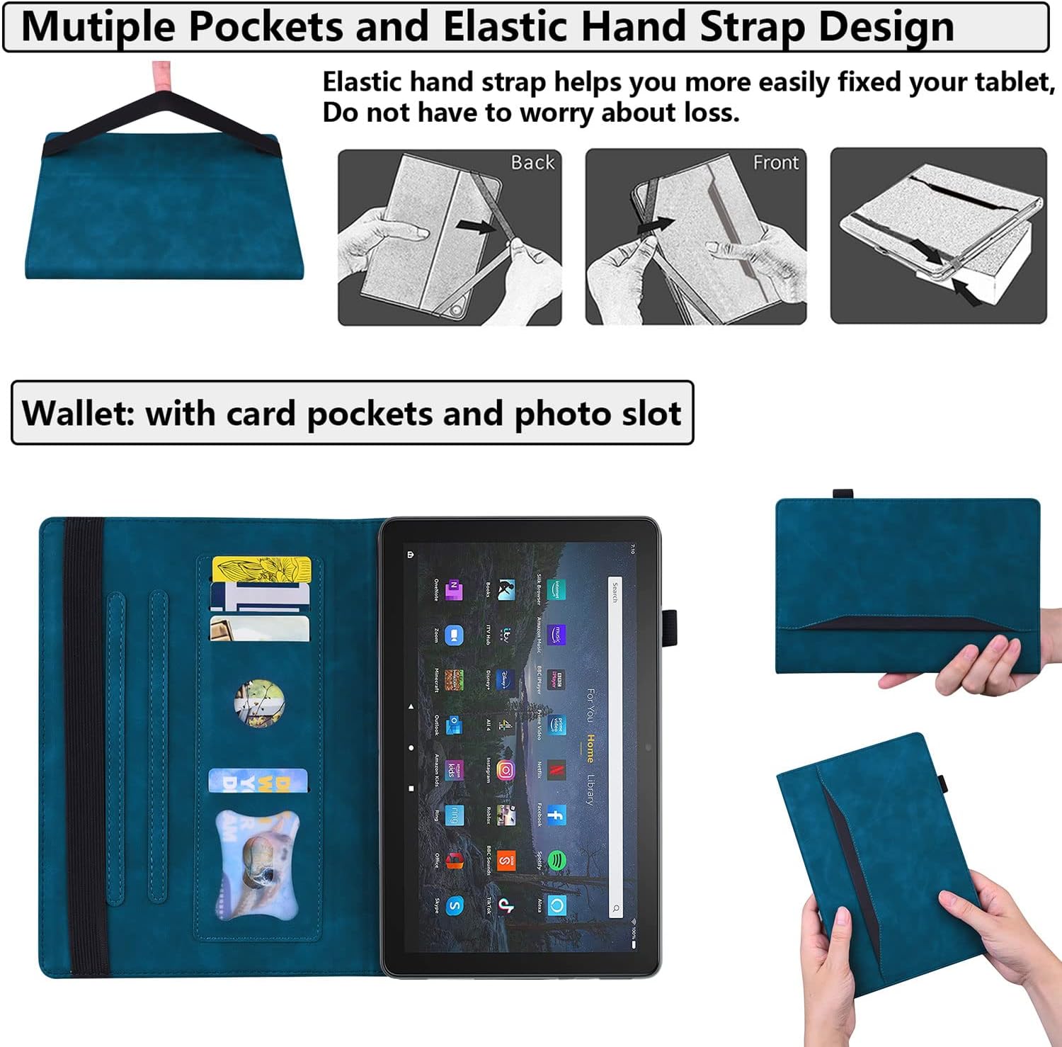 Case for Kindle Fire HD 8 & 8 Plus Tablet (10th Generation, 2020 Release), Slim Folding Stand Cover with Auto Wake/Sleep [Pencil Holder/Inner Card Slots/Front File Pocket/Elastic Band], Blue