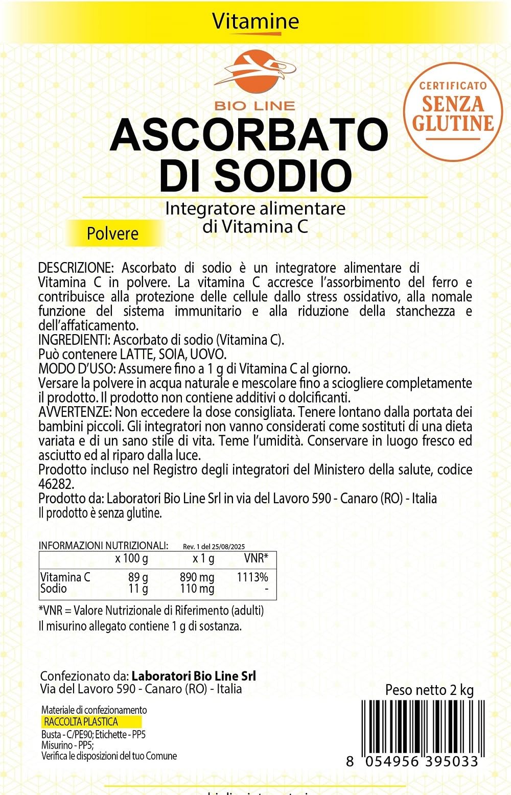 Ascorbato de sodio, 2 kg, vitamina C en polvo de acción antioxidante, sustancia pura sin excipientes (1 bolsa de 2 kg) Laboratorios Bioline – Calidad italiana