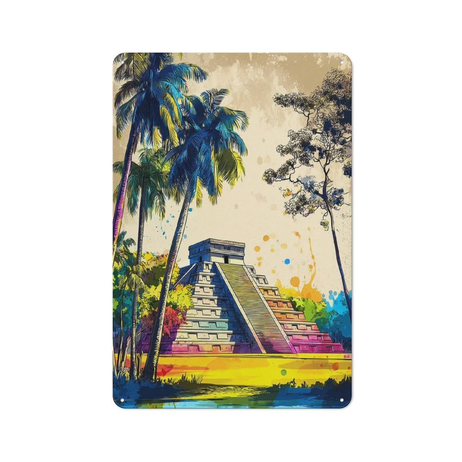 Junmoney Colorful Mayan Pyramid Scene-1 Decorative Tin Sign With Design 30X20cm, Farmhouse Cottage Wall Art For Farmhouse Kitchen, Pantry Or Dining Area