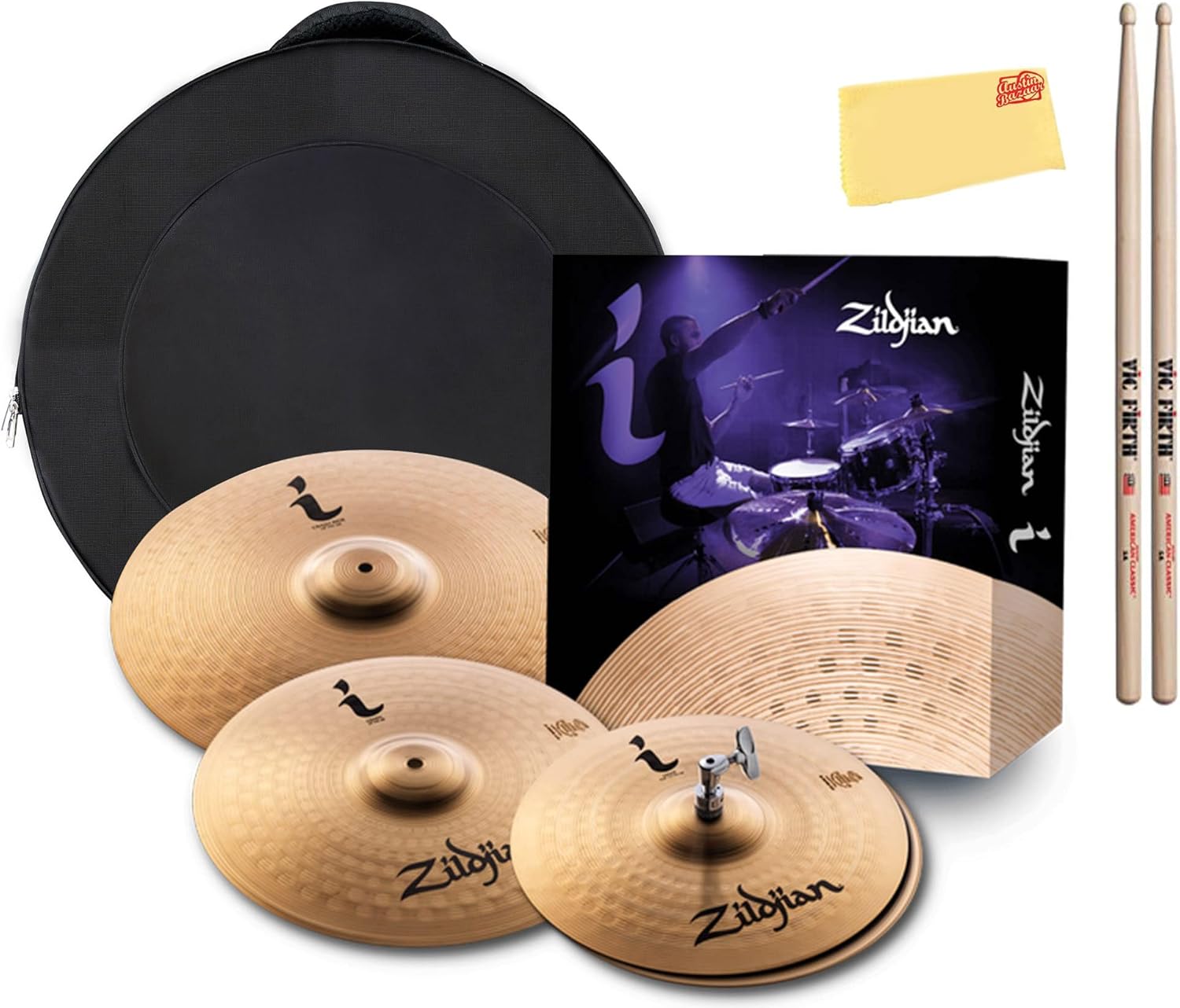 Zildjian ILHESSP I Essentials Plus Cymbal Pack Bundle with Cymbal Bag, Drumsticks, and Austin Bazaar Polishing Cloth