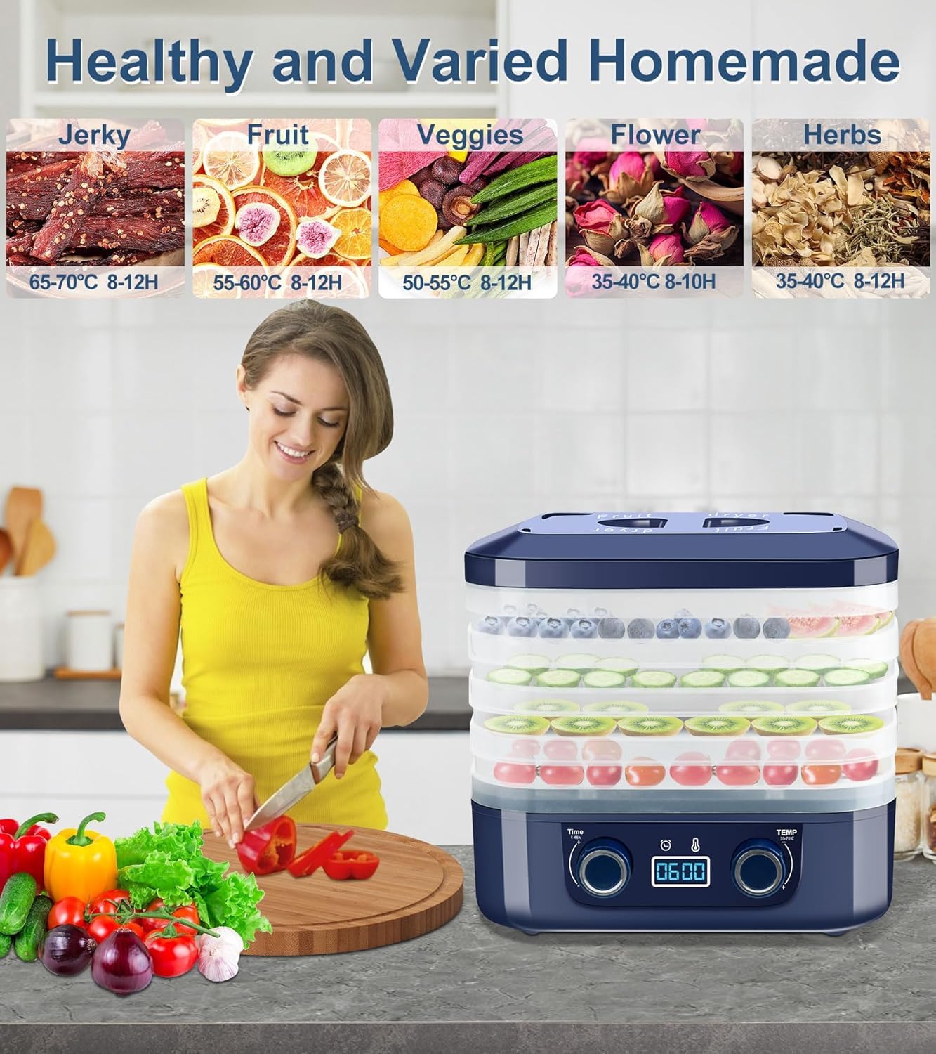 Essiccatore, disidratatore alimentare con 5 ripiani, con timer di temperatura 35 ~ 70 ℃, essiccatore alimentare, asciugatura a 360°, per alimenti carne, verdura frutta