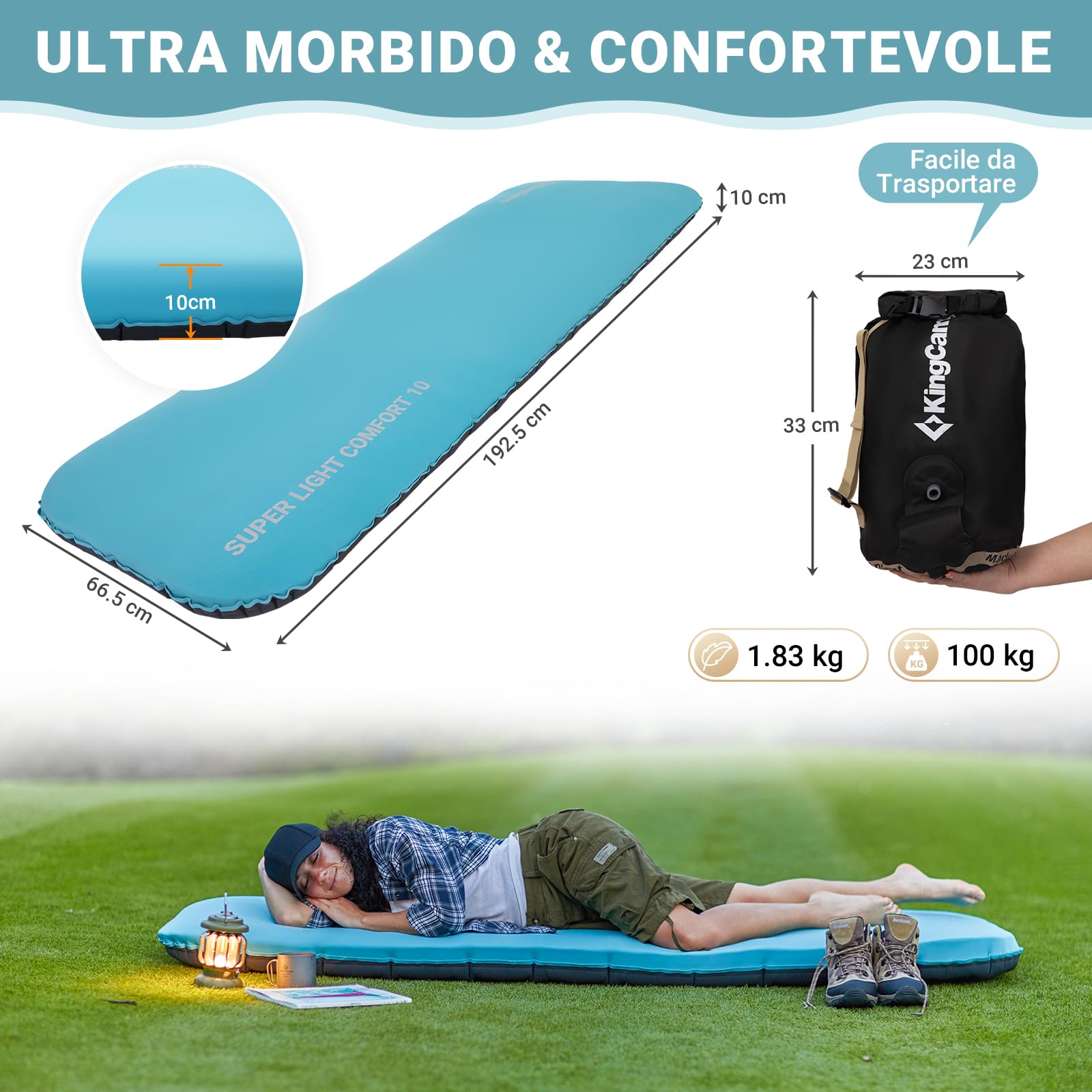 KingCamp Materassino gonfiabile da campeggio Memory Foam Materassino da campeggio singolo 10cm spessore Materassino gonfiabile morbido 50D TPU elastico impermeabile per escursioni zaino